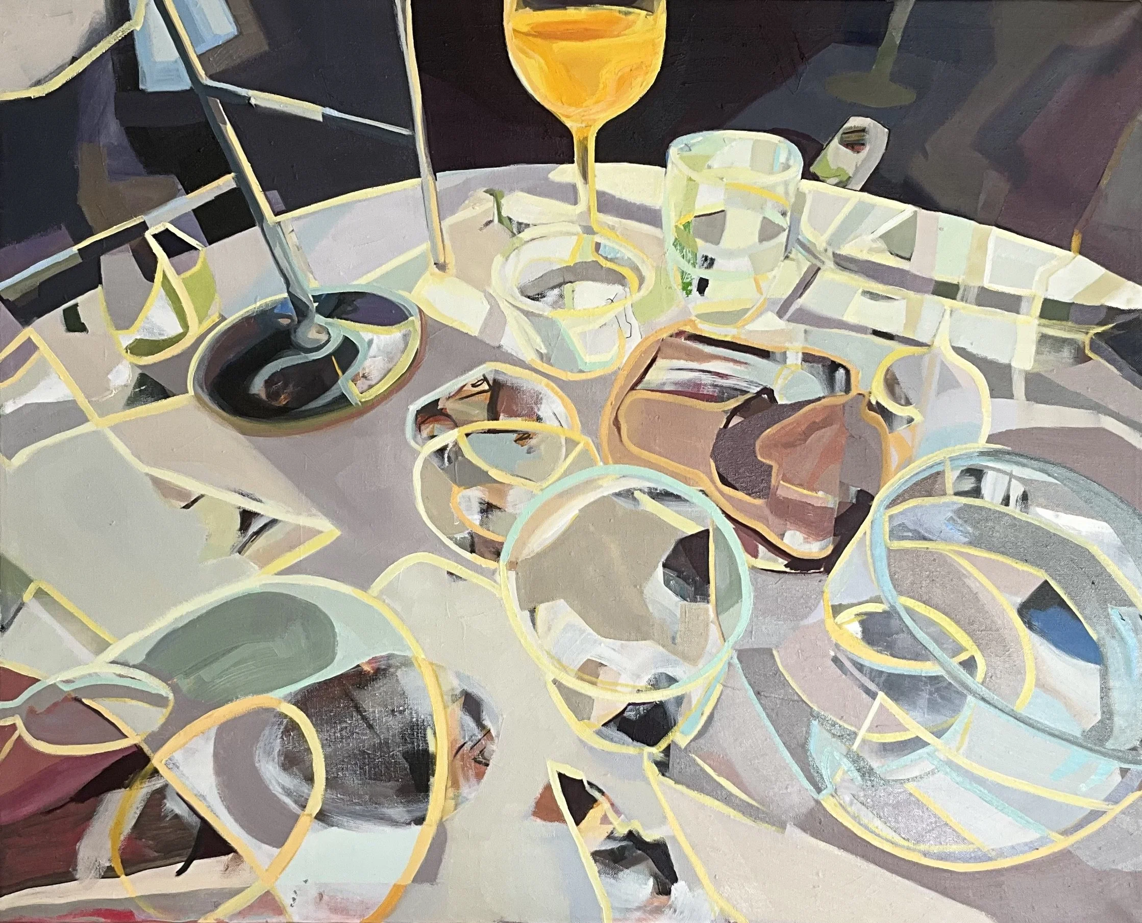Abstract painting of a table set with, water glasses, other objects , and one large wine glass with orange liquid. Done with bold brushstrokes and contrasting colors.