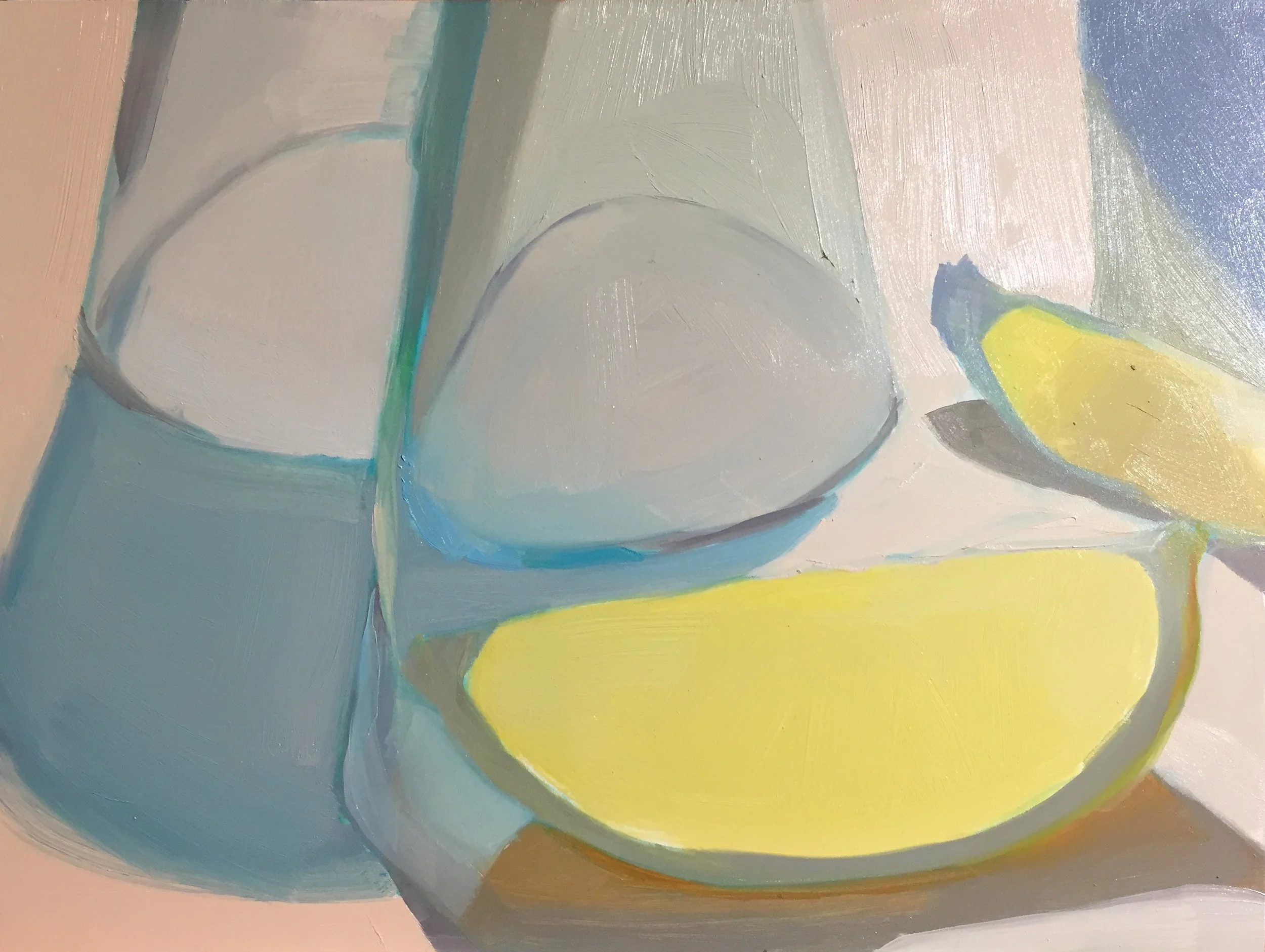 A still life painting of blue shadows and a lemon wedge on a surface, with a soft pastel-colored background.