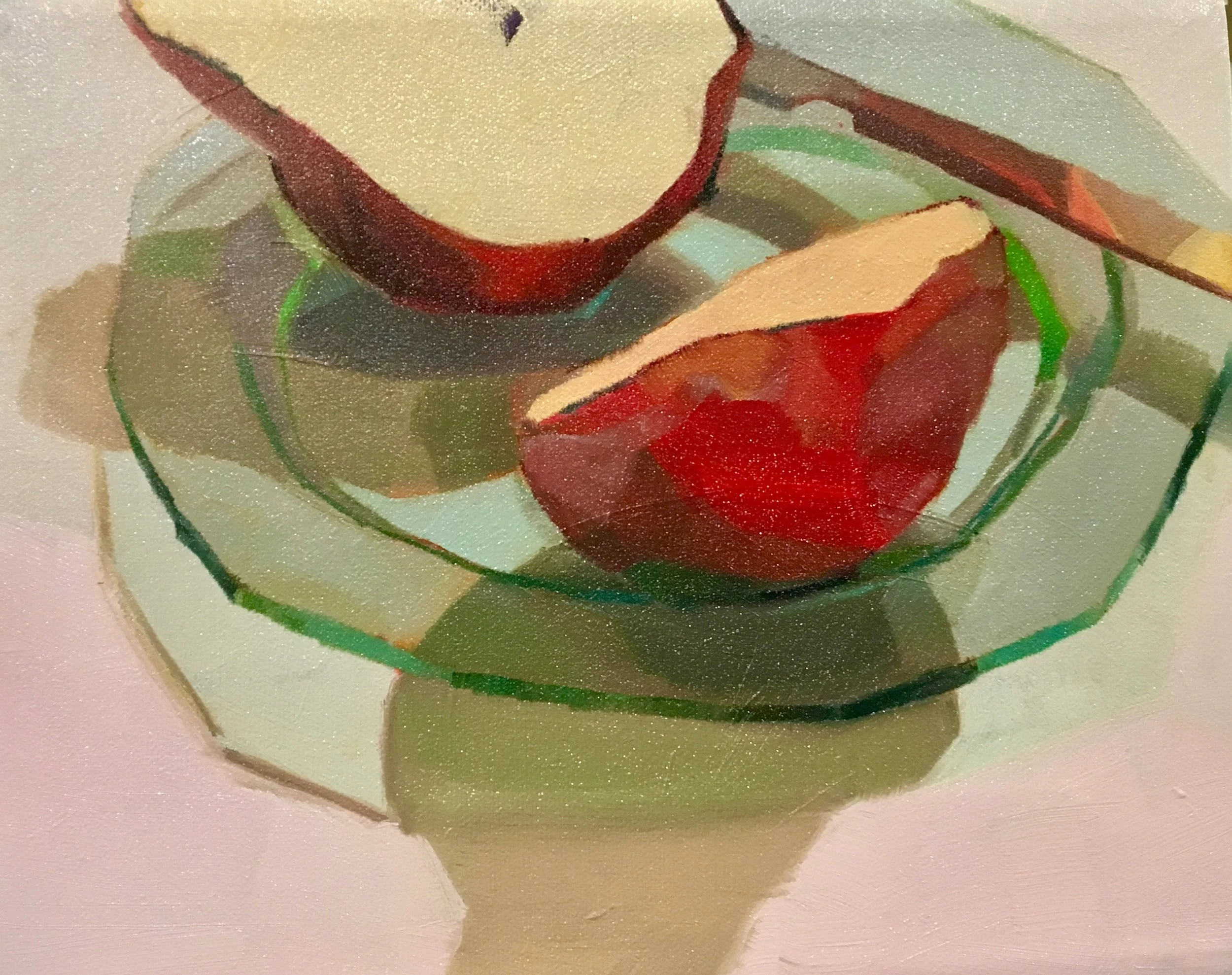 Painting of a cut red pear and the two halves on a transparent green plate and the variation of color shadows cast on and through the plate.