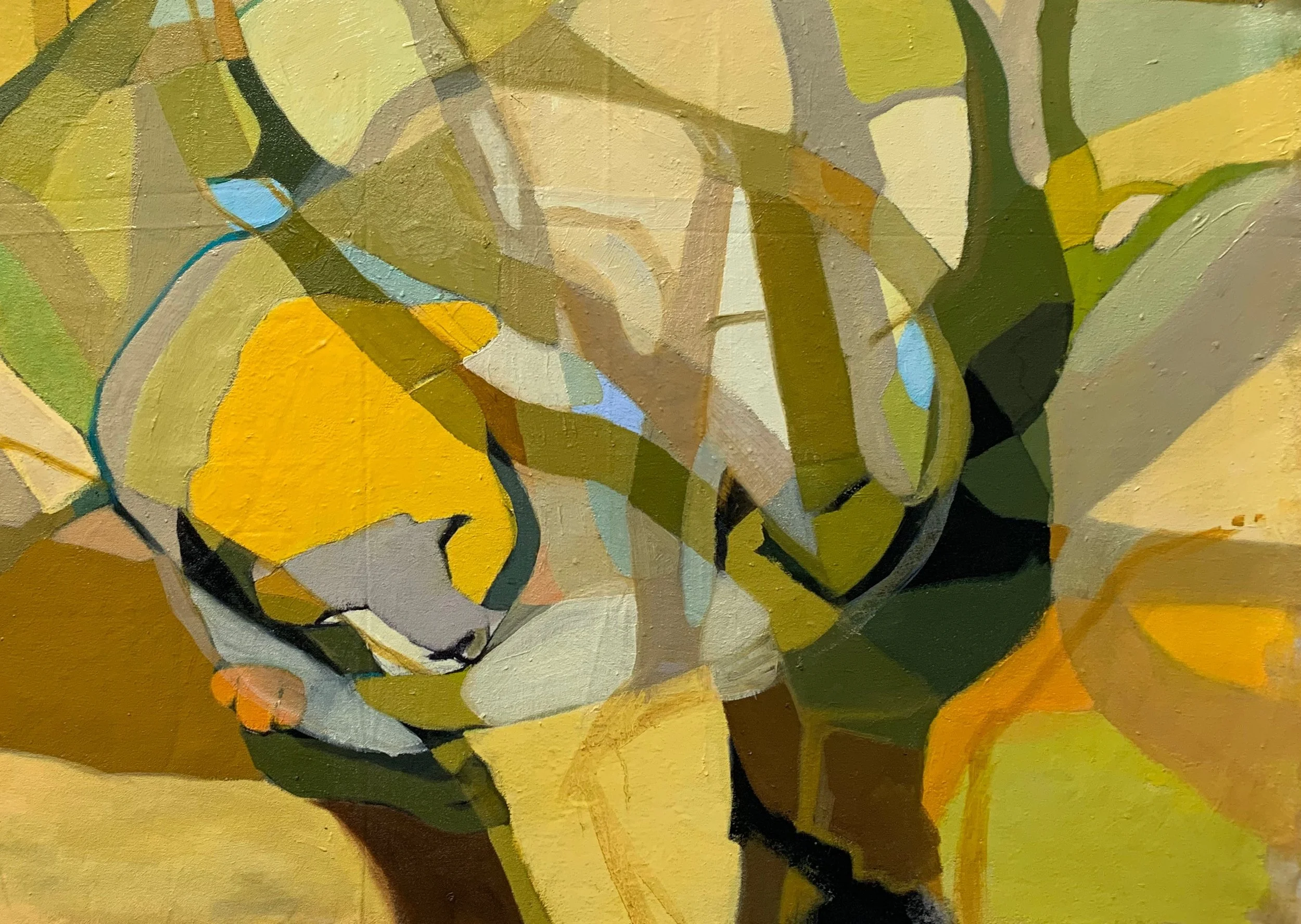 Abstract painting with yellow, green, and black colors. Hint of a curled up sleeping cat.