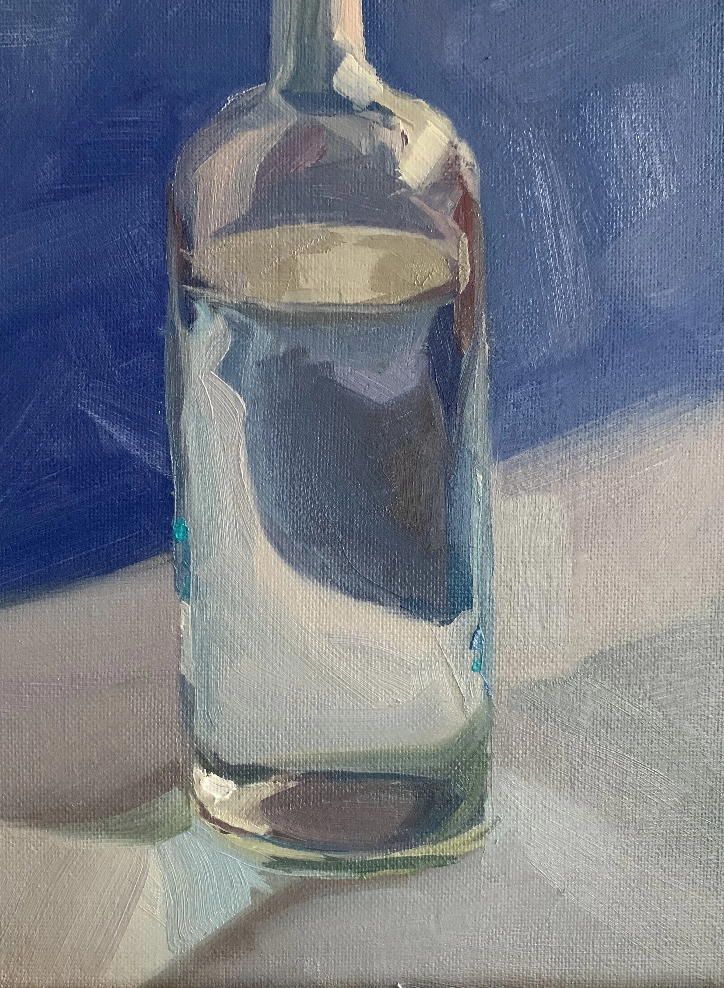 A painting of a glass bottle water of liquid on a table with a blue background.