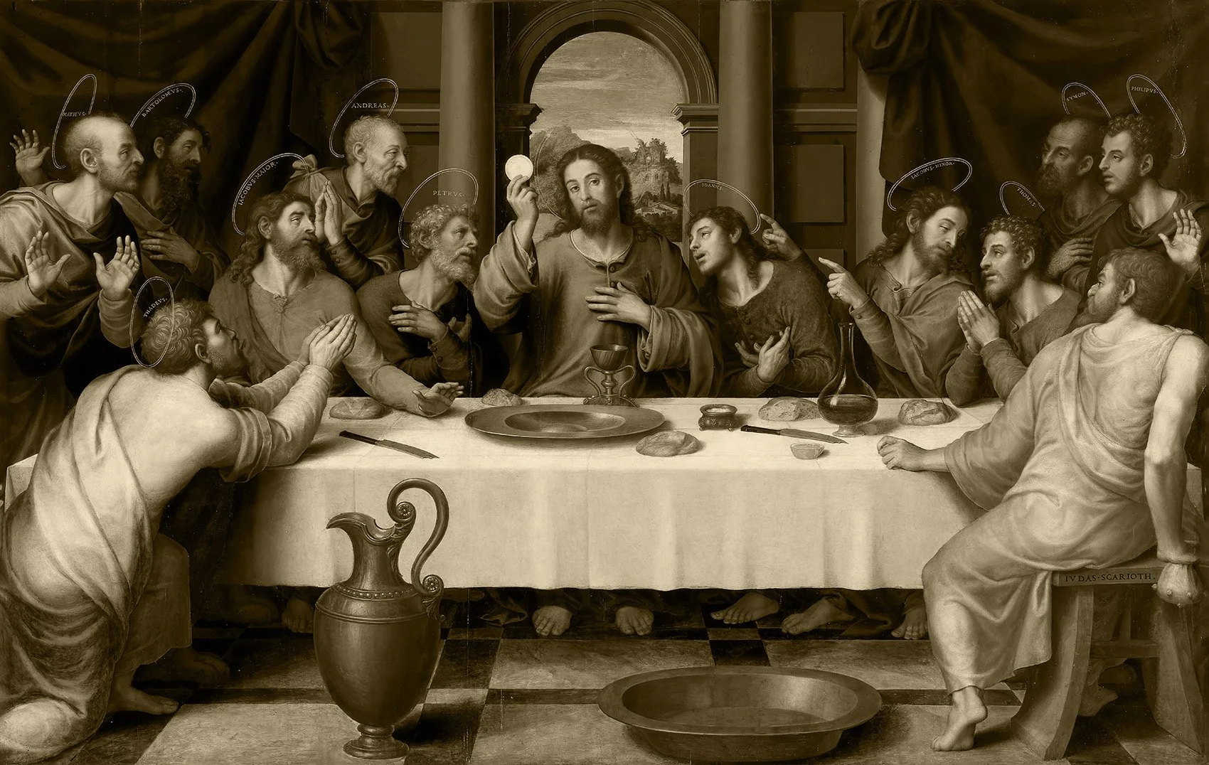 Painting of the Last Supper depicting Jesus Christ and his disciples seated at a long table with bread, wine, and various items, in a classical setting with a landscape visible through an arched window.