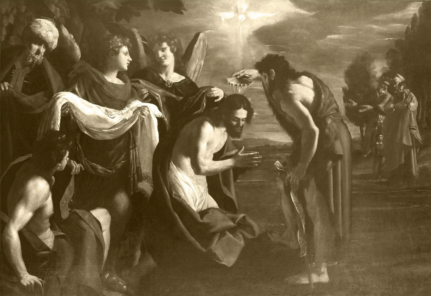 A religious painting of the baptism of Jesus Christ, with God in the form of a man, Jesus, and the Holy Spirit represented by a dove, with angels present.
