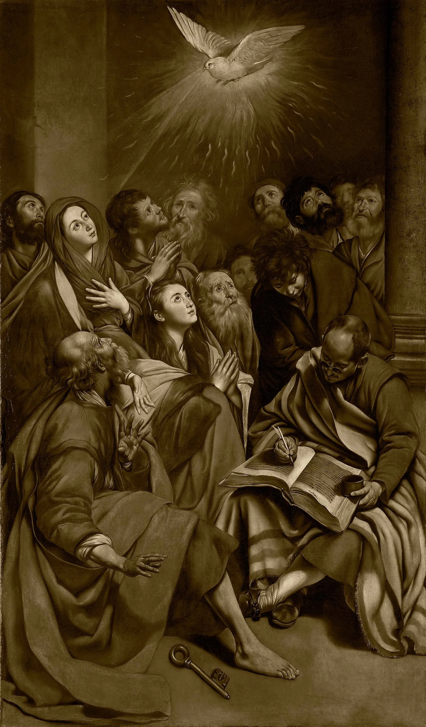 A religious scene with Saint Peter and Saint John imposing hands for the gifts of the Holy Spirit.