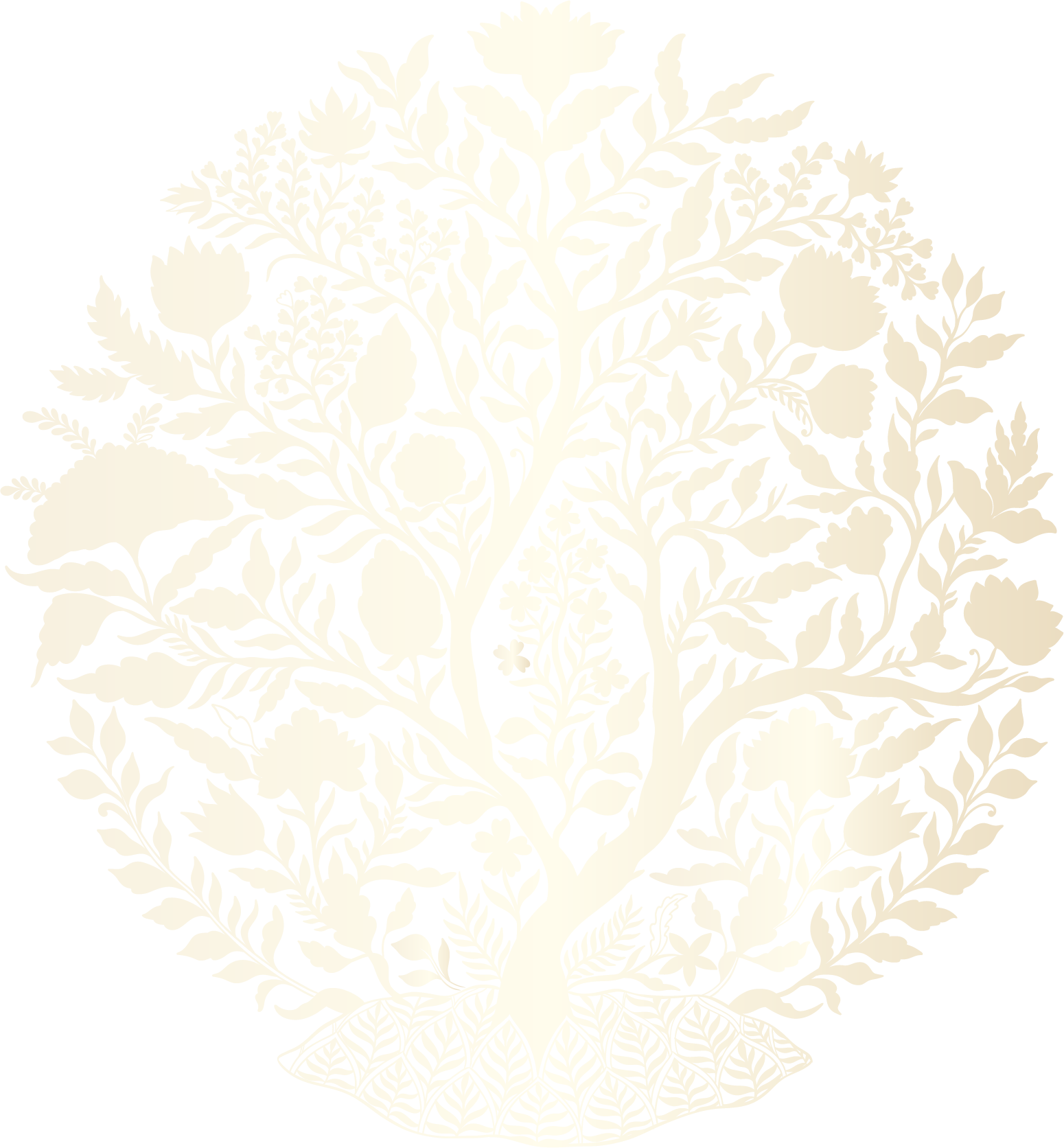 Faint, beige outline drawing of a detailed tree with many leaves and branches, symbolizing growth and nature.