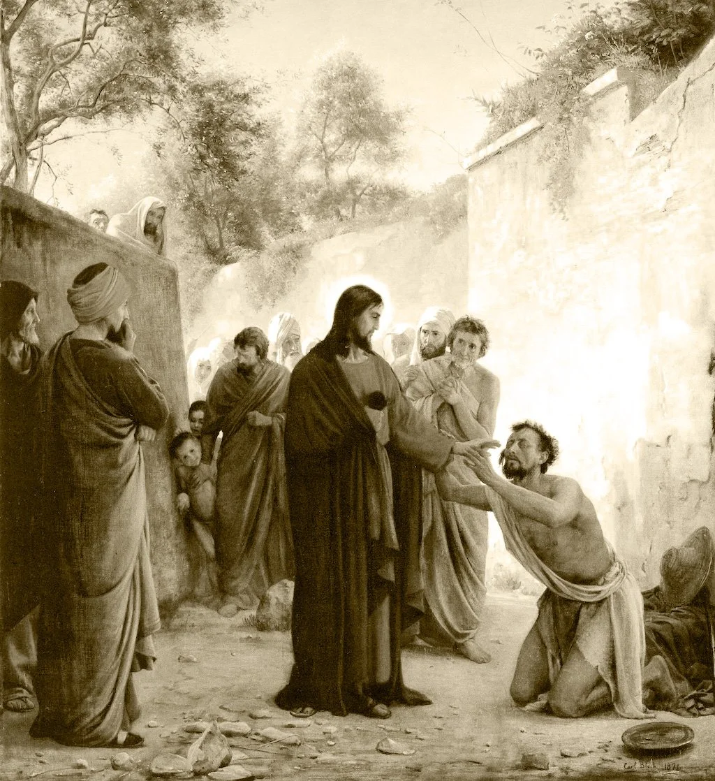 Religious painting depicting Jesus Christ healing a sick person while surrounded by disciples and followers.