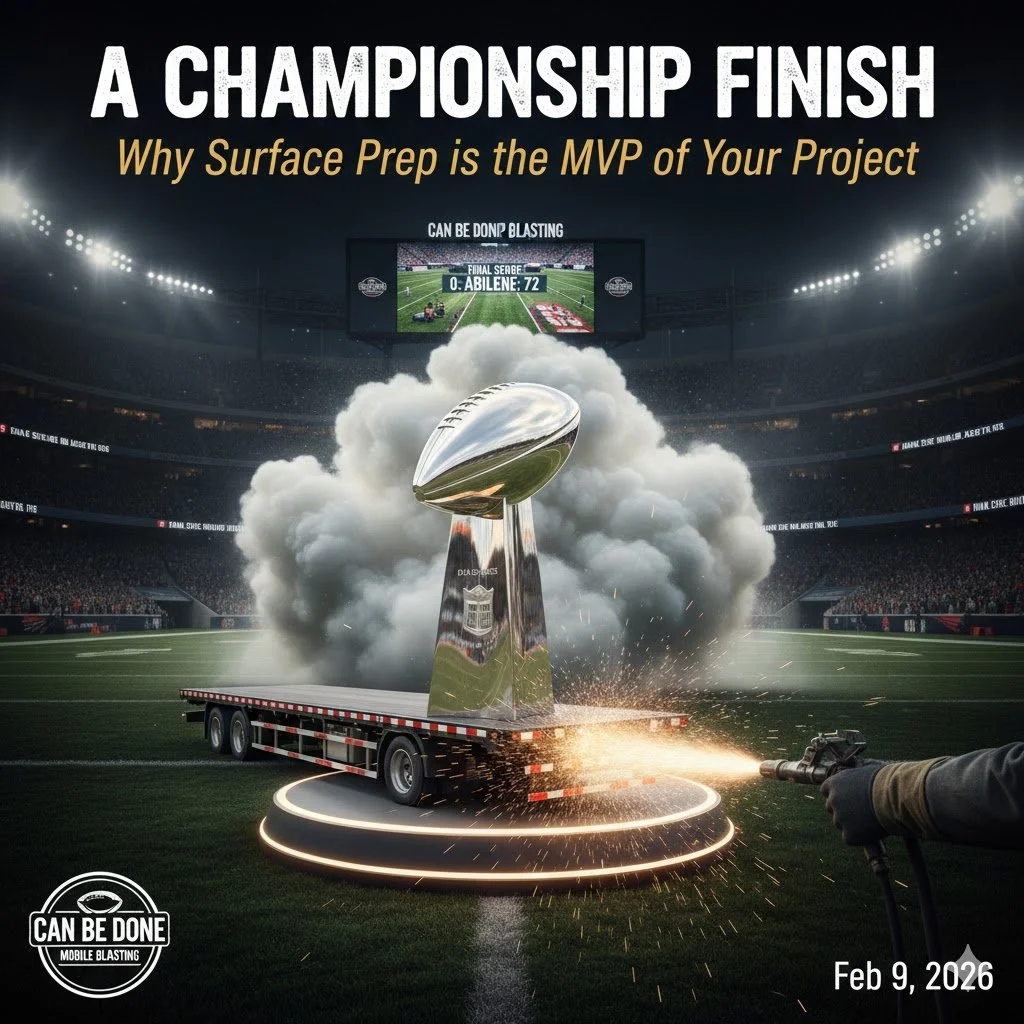 Super bowl trophy on top of a trailer getting sandblasted