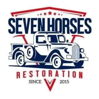 Logo for Seven Horses Restoration featuring a line drawing of a vintage car with the company name and establishment year 2015.