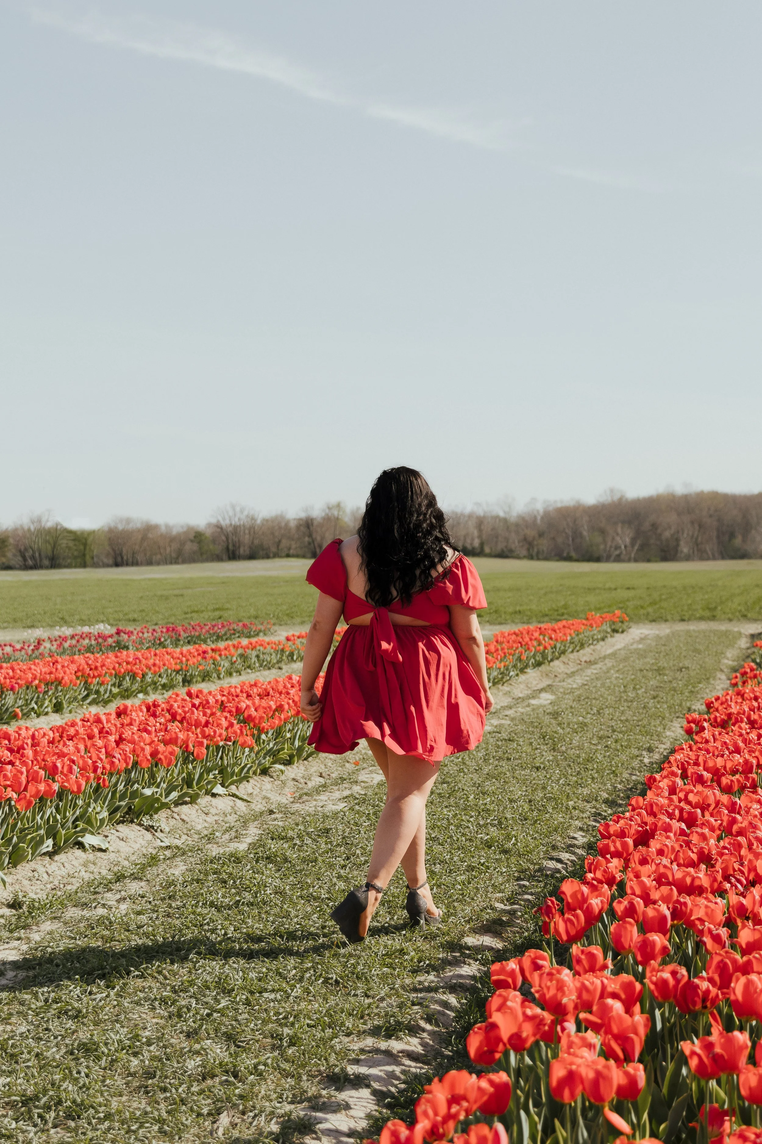 Woman in a red dress with black heels walking through a tulip field on a sunny day.