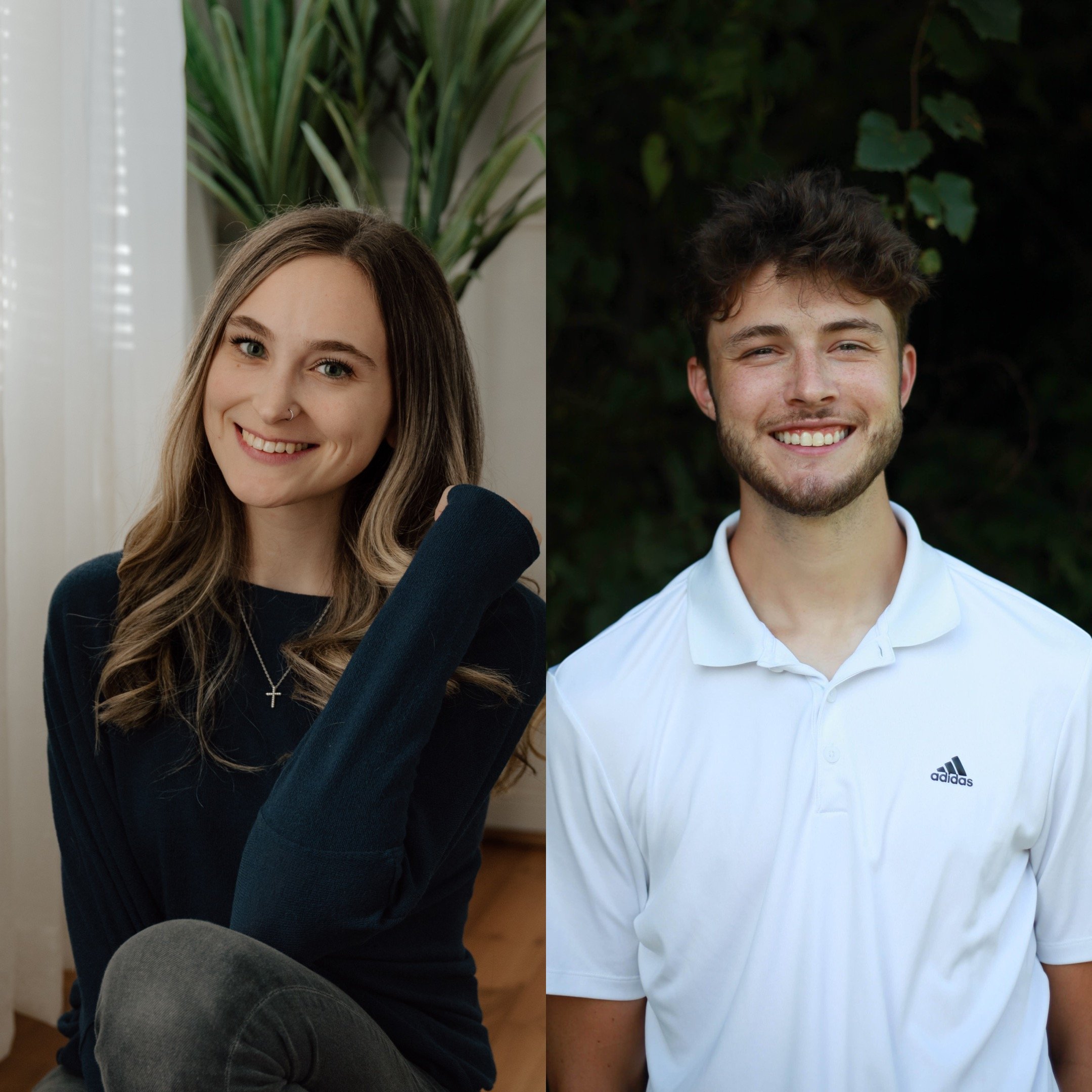 Side-by-side portrait of a young woman with long wavy hair and a young man with short curly hair, both smiling. The woman is indoors with a plant in the background, wearing a dark sweater. The man is outdoors with trees behind him, wearing a white polo shirt.