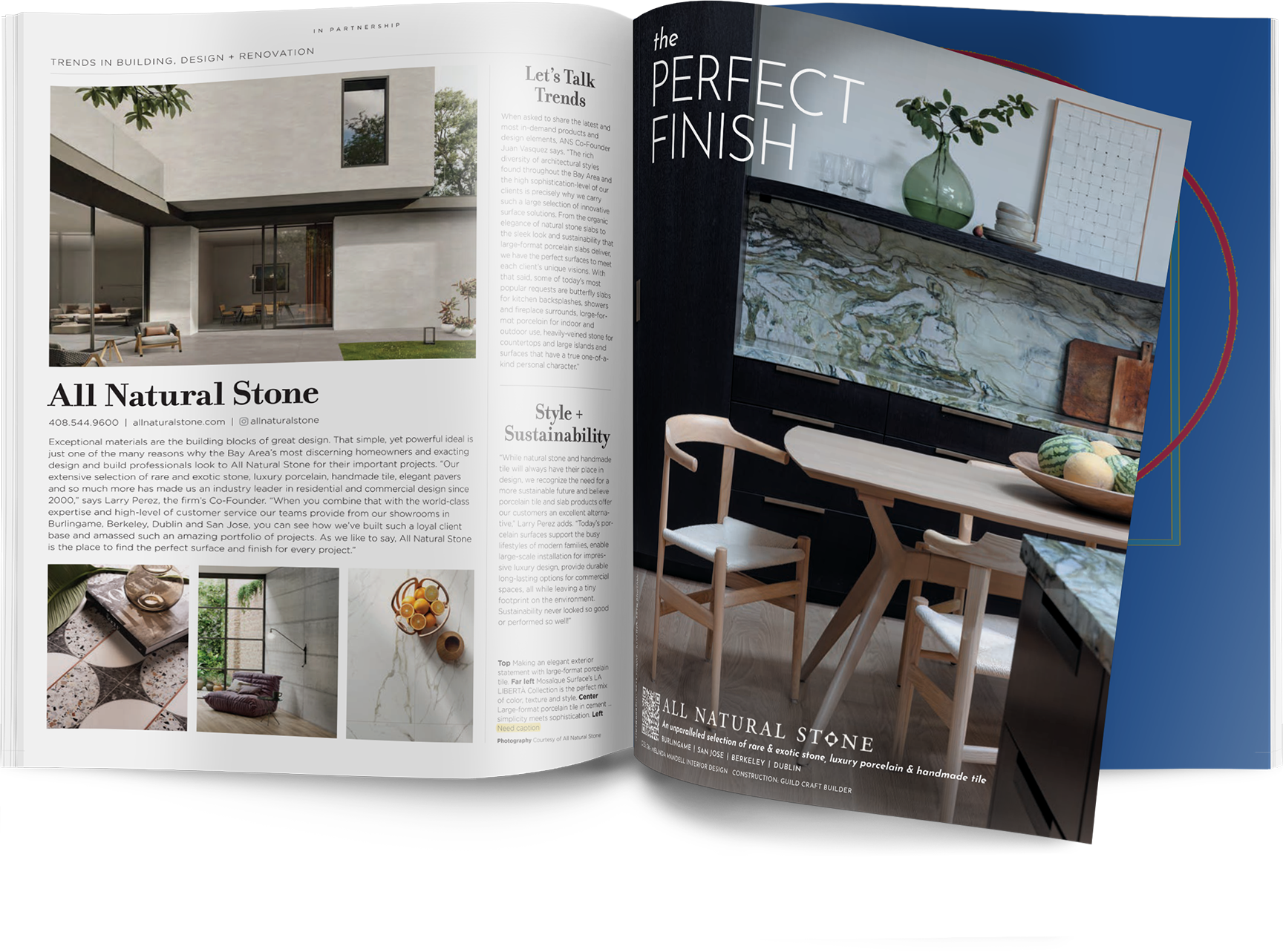 Open magazine featuring articles about natural stone, interior design ideas, and images of stone surfaces and modern interiors.