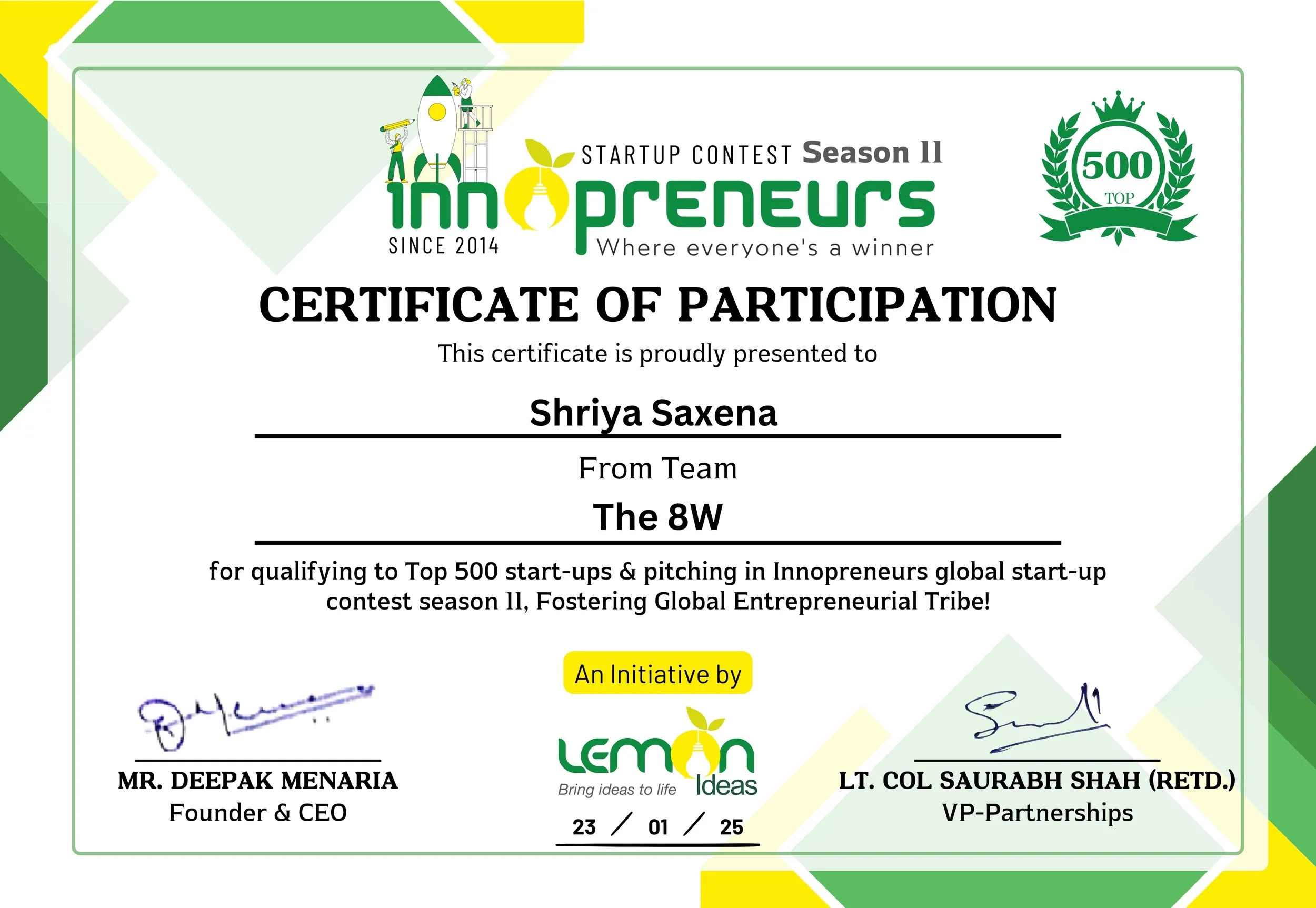 A certificate of participation from the InnoPreneurs startup contest, Season II, awarded to Shriya Saxena, with logos, signatures, and decorative elements.