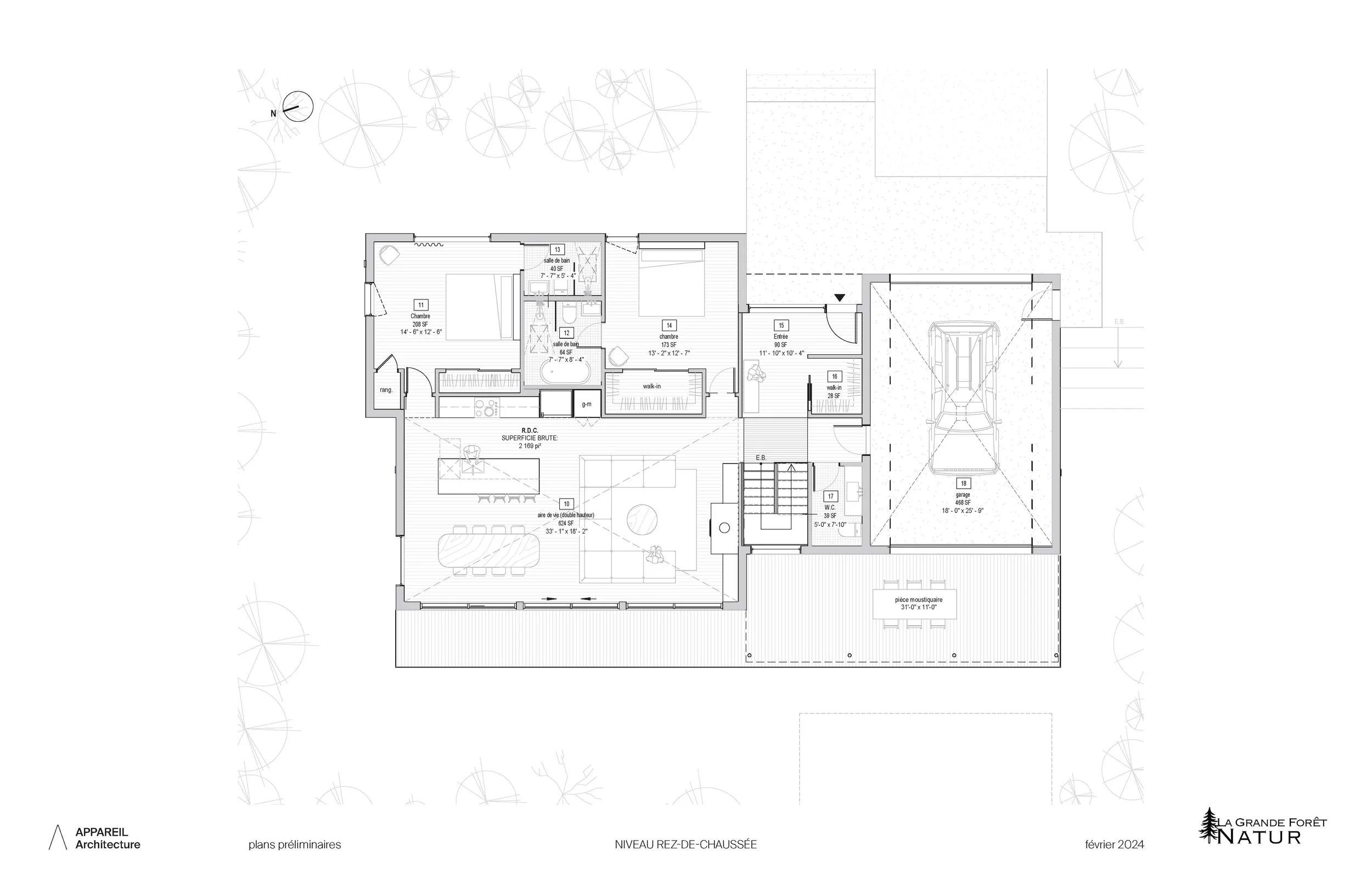 Architectural floor plan of a house, including bedrooms, bathroom, living area, kitchen, garage, and outdoor spaces, with trees surrounding the property.