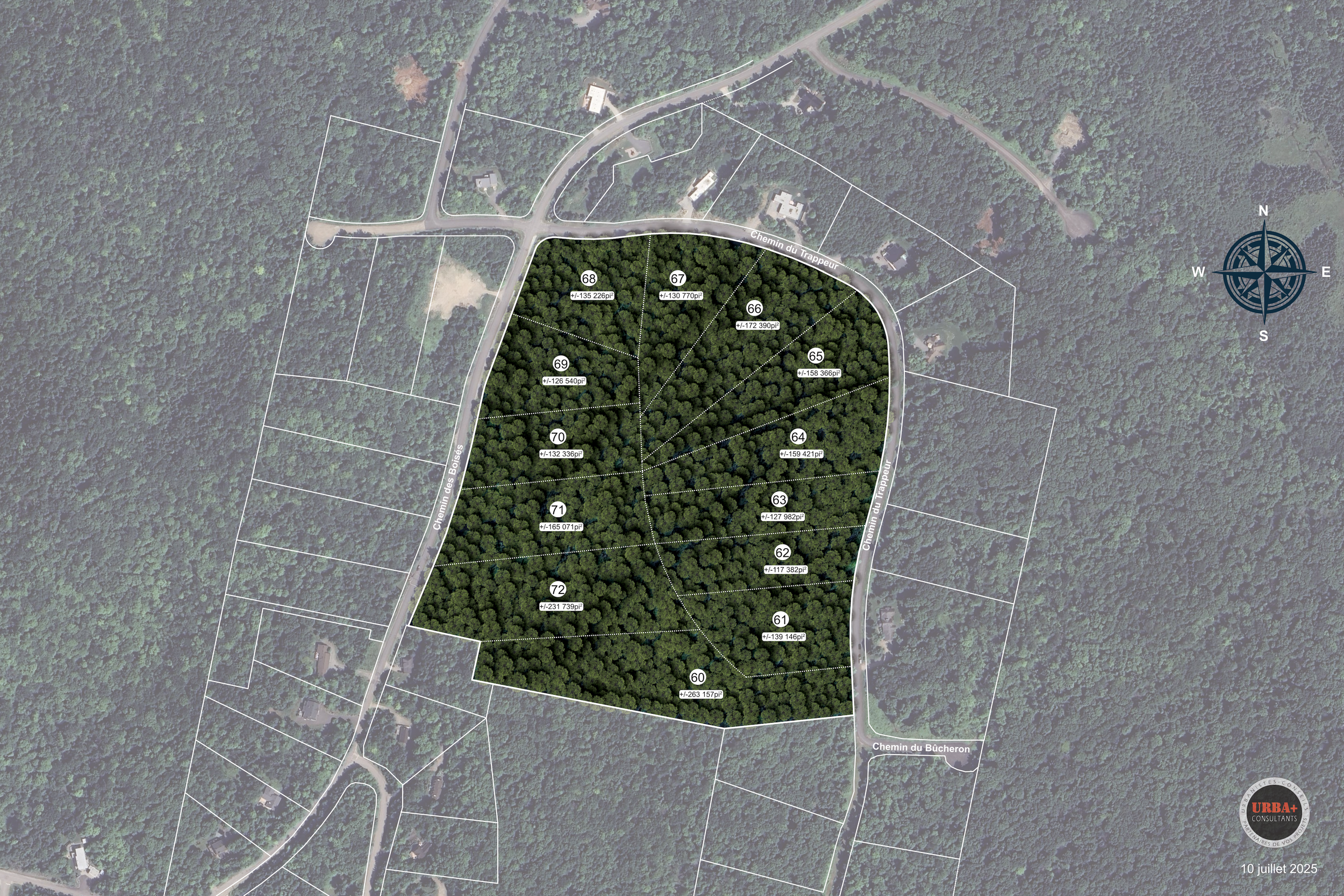 Real estate site plan in Mont-Tremblant showing available forest properties for sale.