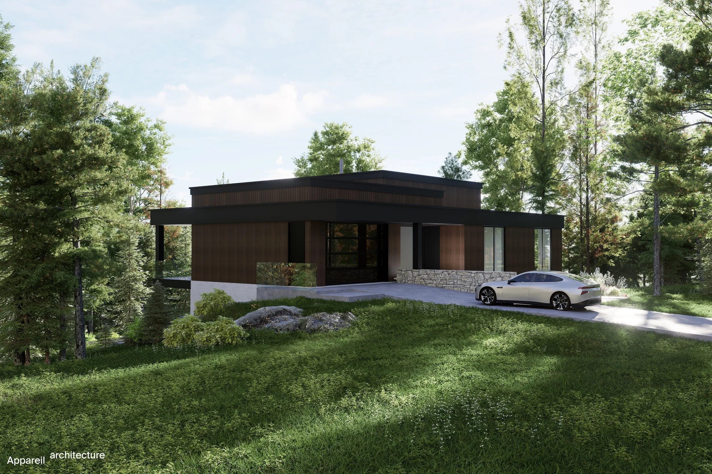 Modern house with wooden exterior, stone accents, large glass windows, and a driveway with a silver car parked on it, surrounded by trees and a grassy lawn.