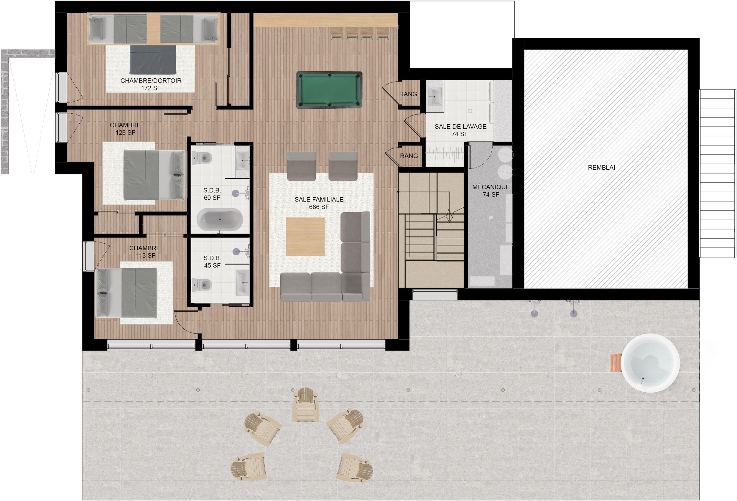 Floor plan of a modern Mont-Tremblant luxury home with 5 bedrooms, family living area, expansive terrace, and private garage.