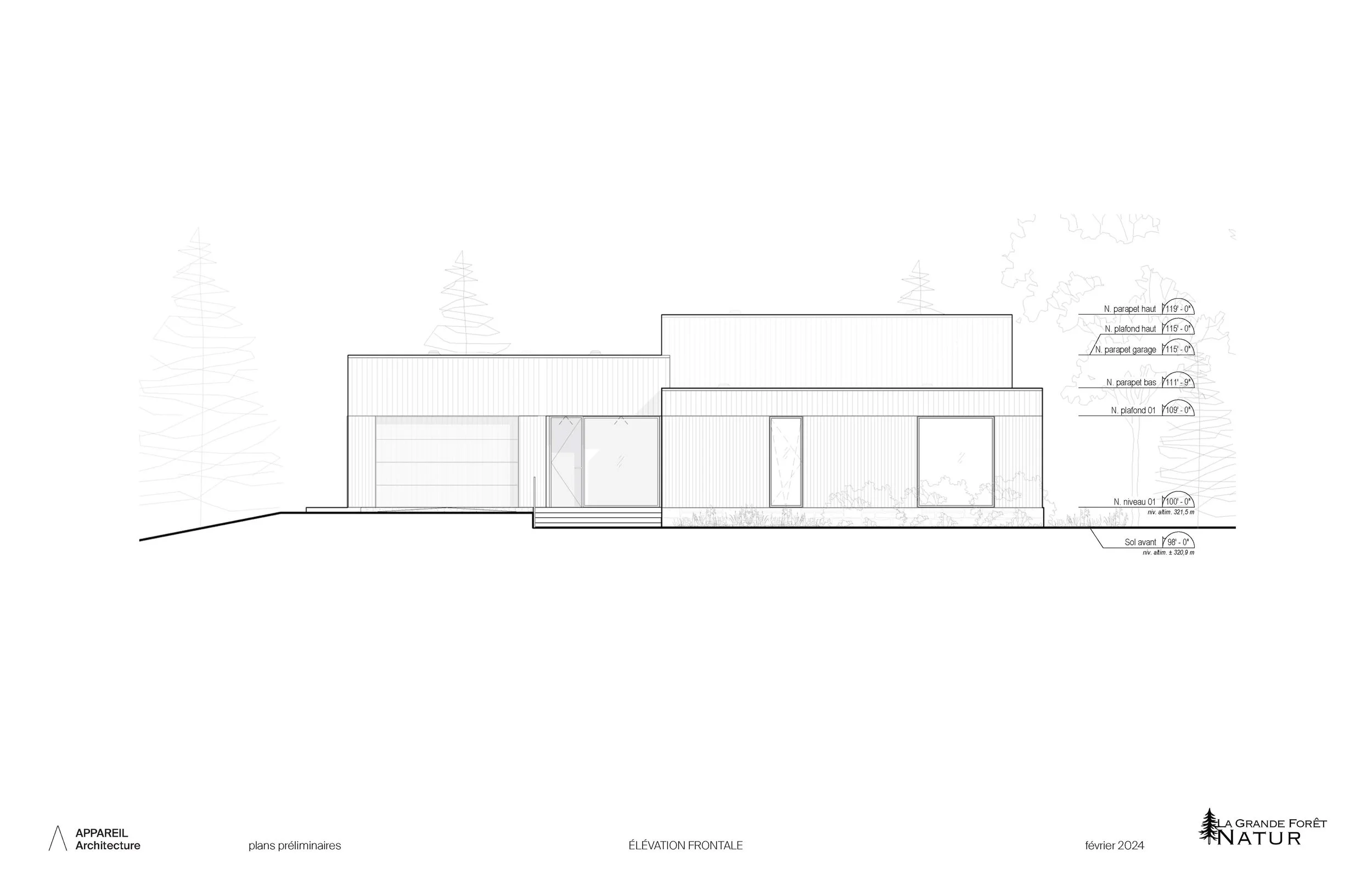 Architectural elevation blueprint of a modern house with multiple levels, large windows, and stairs leading to the entrance, surrounded by trees.