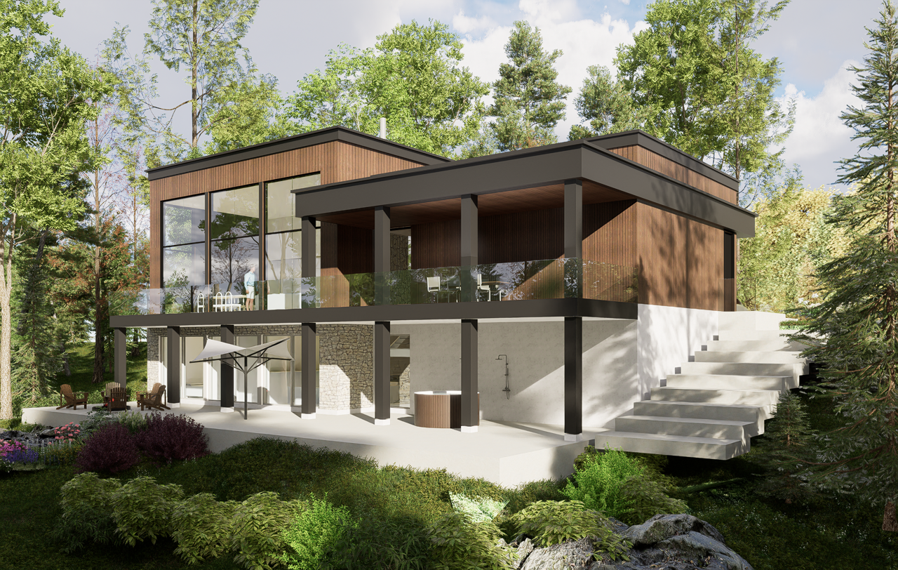 Modern house with large glass windows, wooden exterior, and multiple levels, surrounded by trees and greenery, with outdoor seating and a staircase leading up to the house.