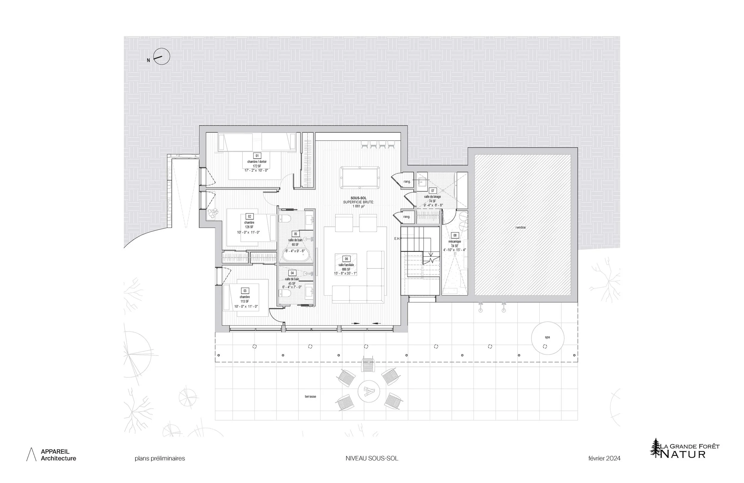 Architectural floor plan of a basement level with rooms labeled and an outdoor terrace with seating, trees, and a spa area.
