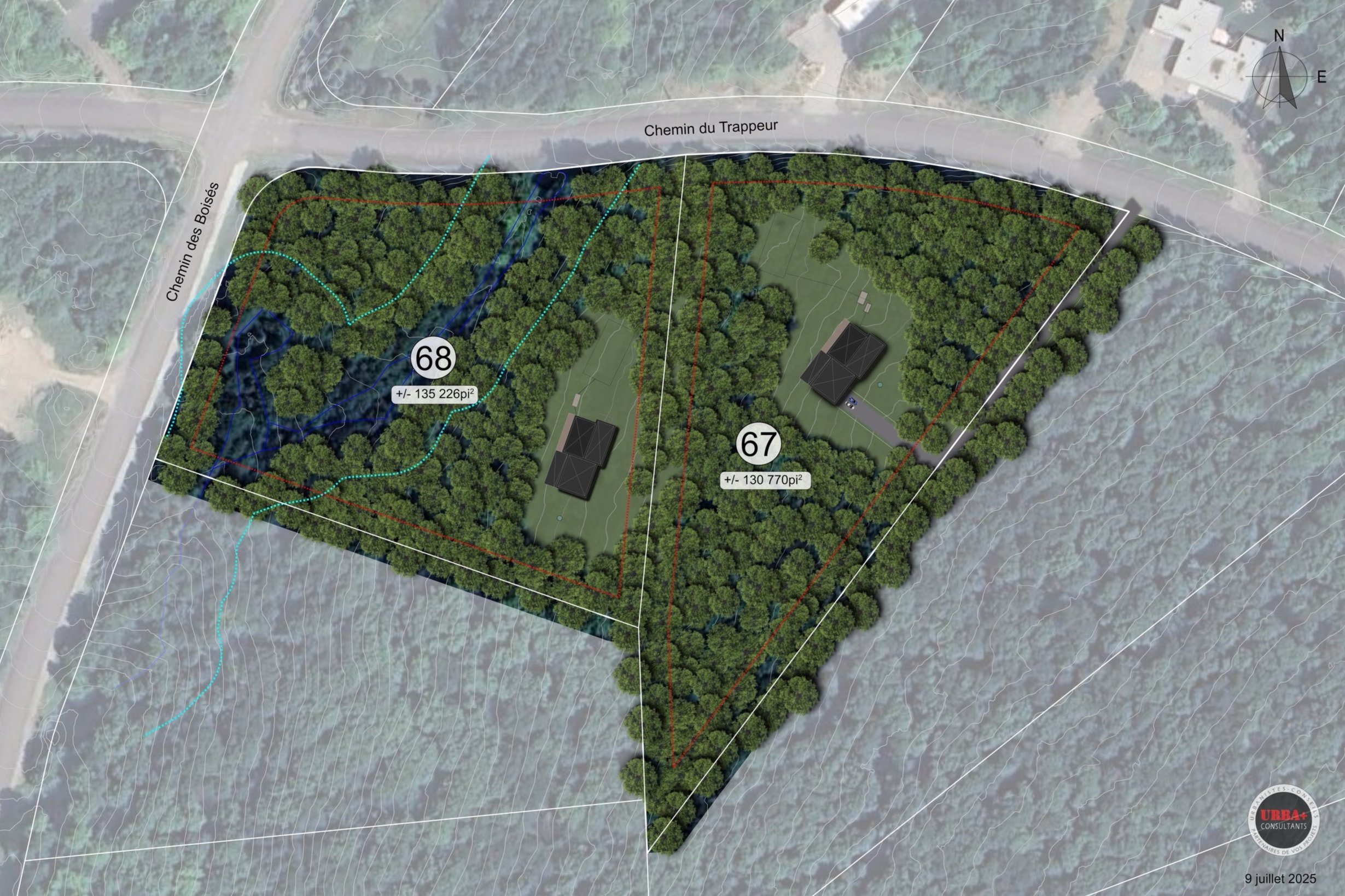 Site plan of the first properties being developed in Mont-Tremblant, showing lots 67 and 68 with homes surrounded by forest.