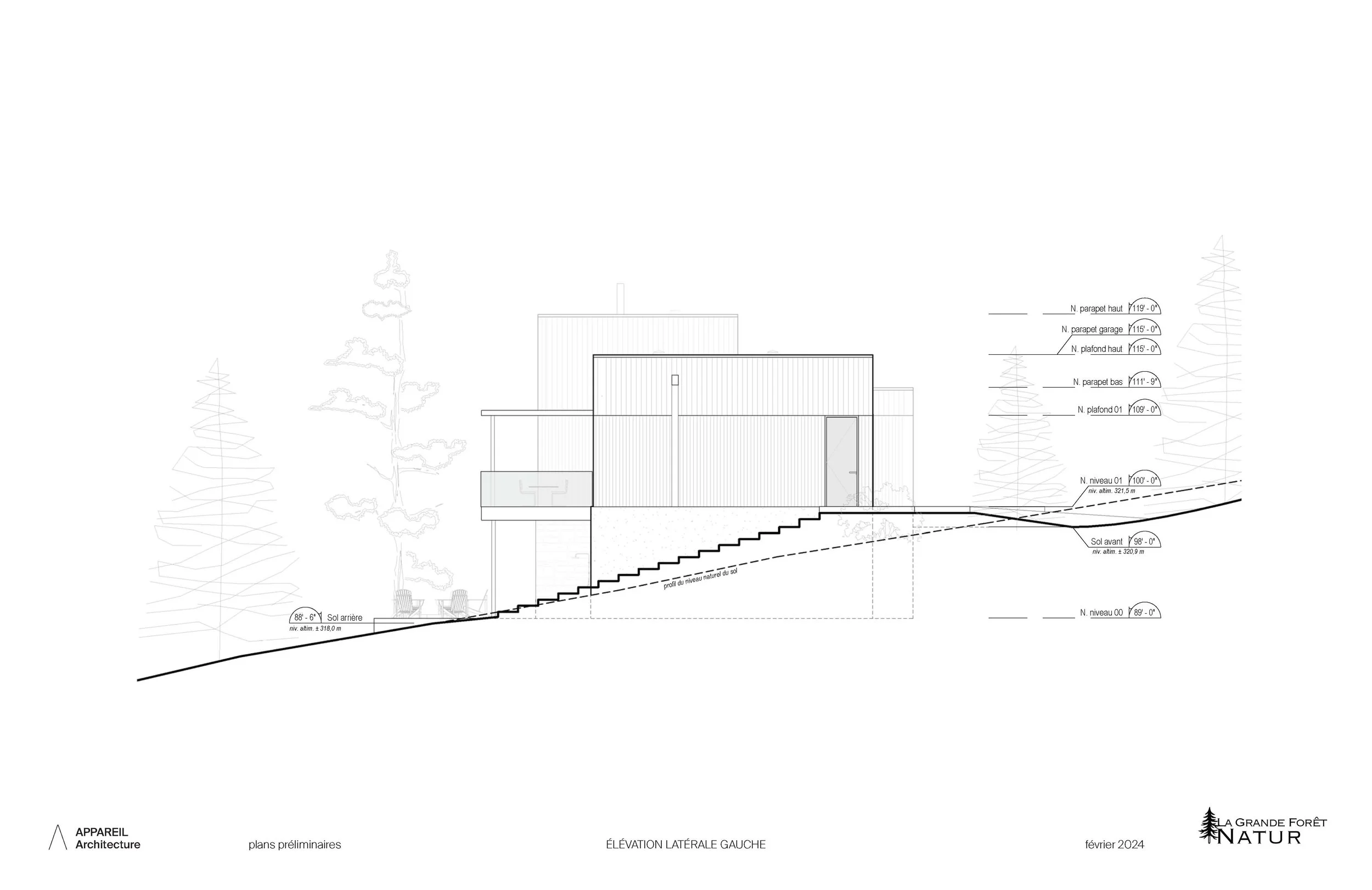 Architectural drawing of a modern house with multiple levels on a sloped terrain, including trees and measurement annotations.