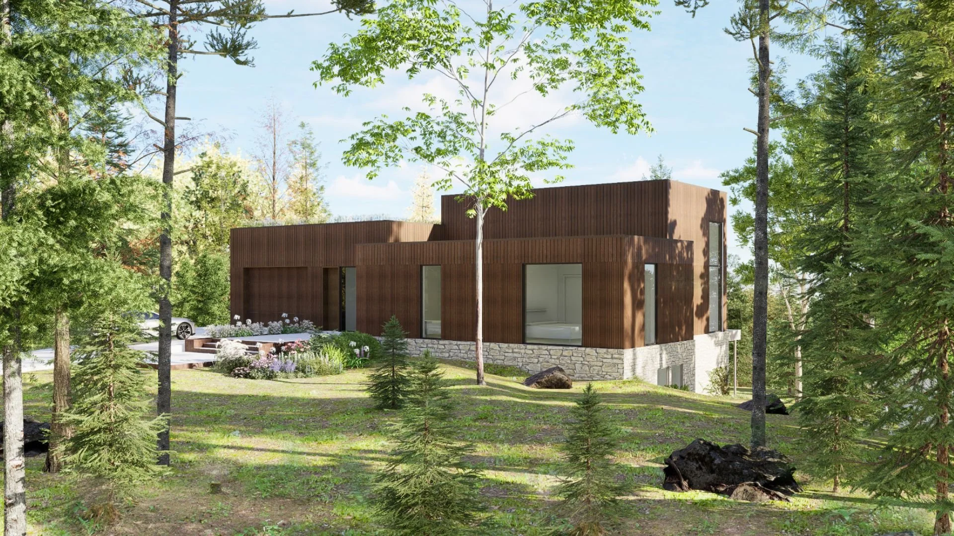 Modern house with wooden exterior in a forested area, surrounded by trees and greenery, with large windows and stone foundation.