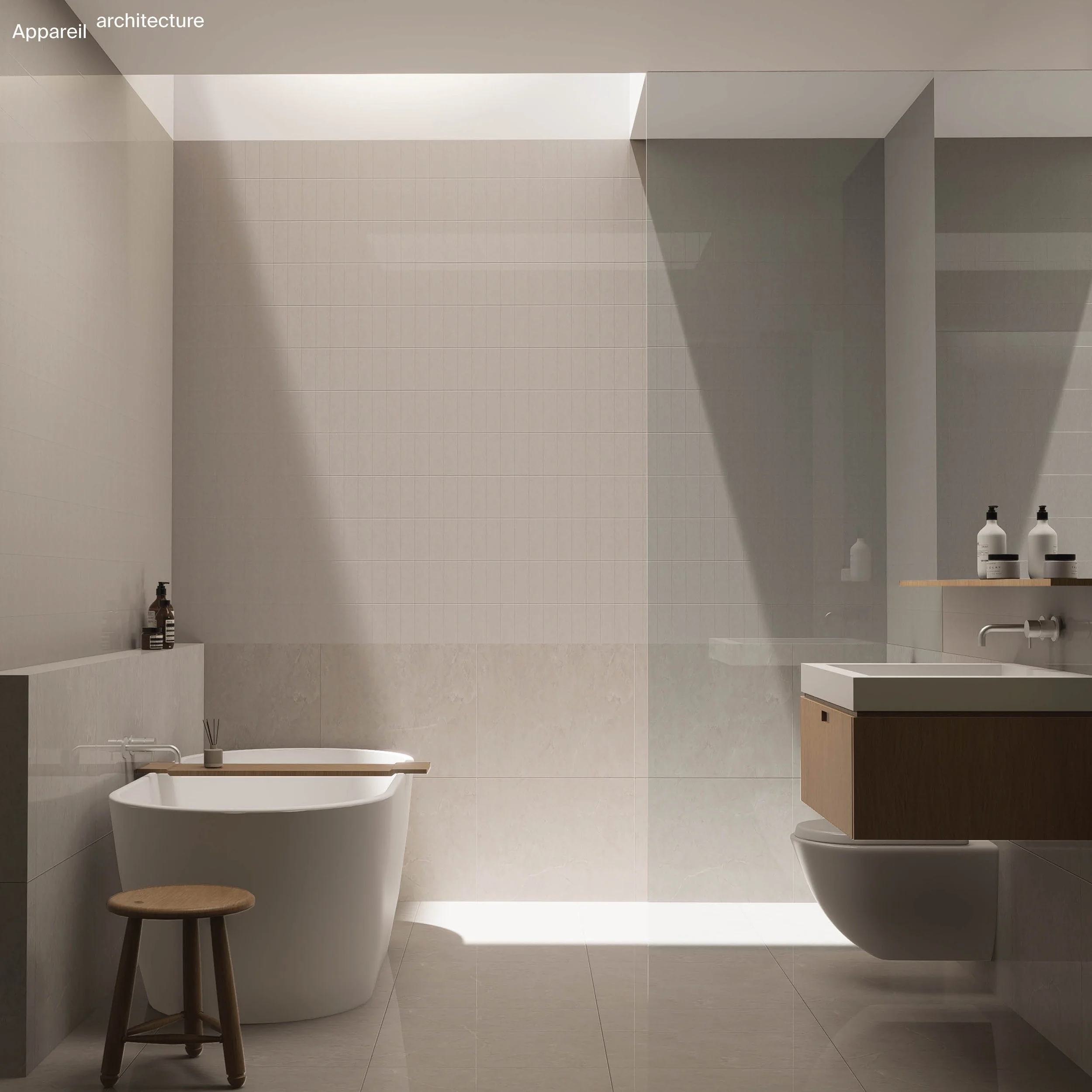 Modern bathroom with a freestanding bathtub, a wooden stool, and a vanity with a sink. The space is minimalist with neutral tones and natural light.