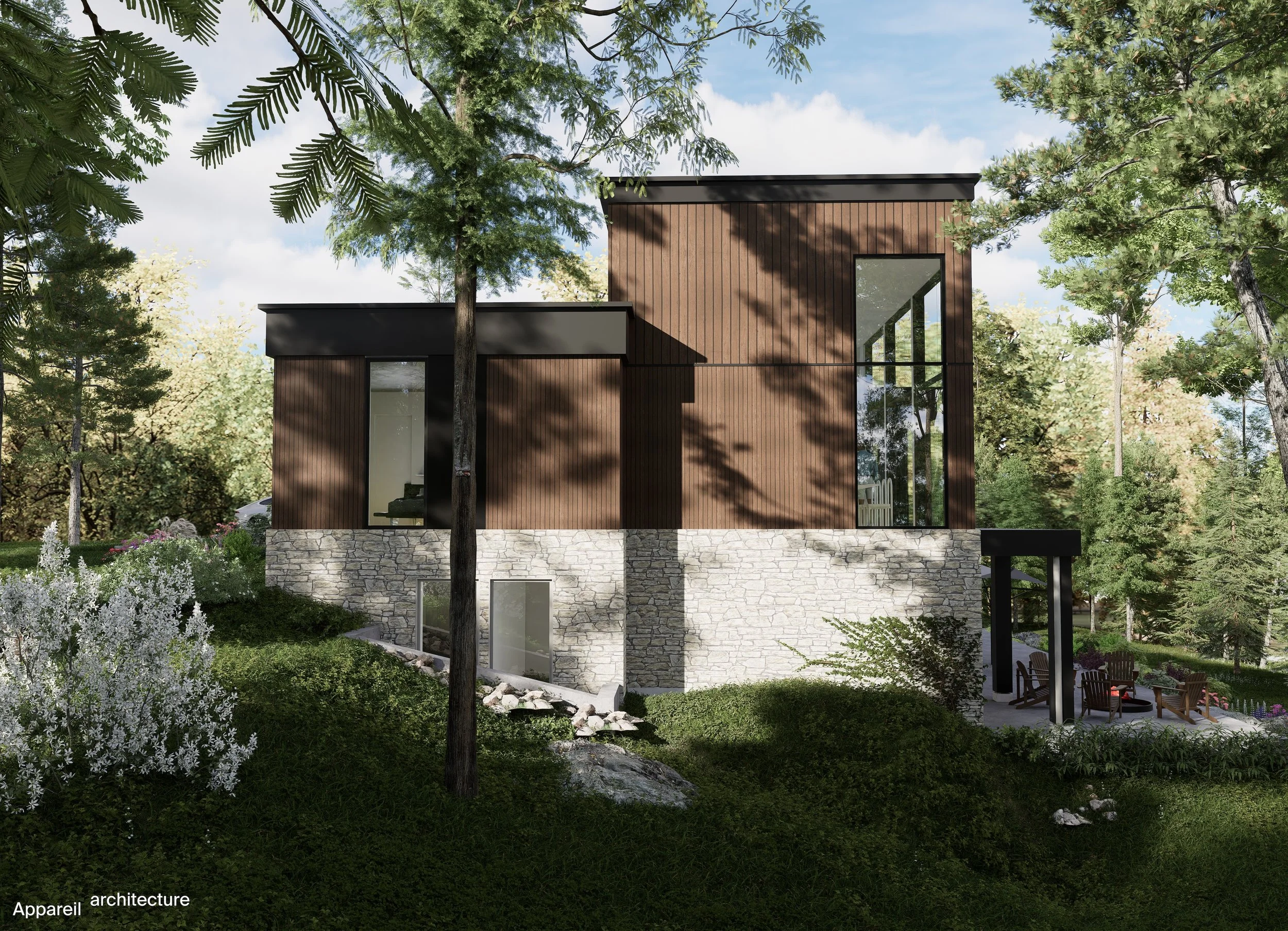 Modern two-story house with wood and stone exterior, large windows, surrounded by trees and greenery, with outdoor seating area.