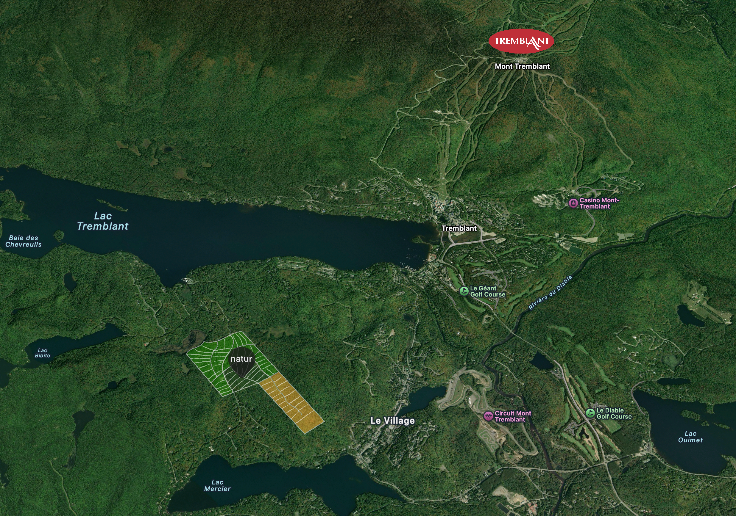 Map of Mont-Tremblant with Lac Tremblant, village, ski slopes, golf courses, and highlighted luxury homes for sale.