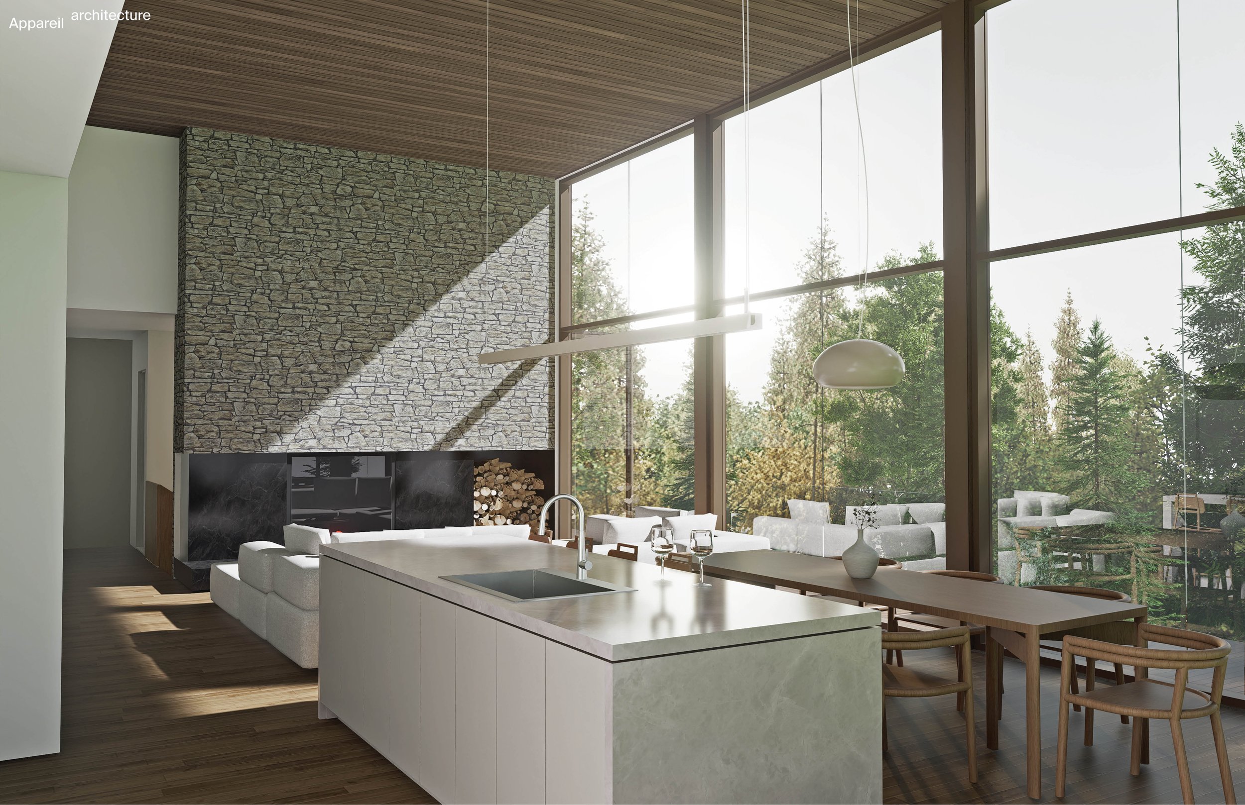 Modern Mont-Tremblant home interior with stone fireplace, large windows, open kitchen, and forest views.