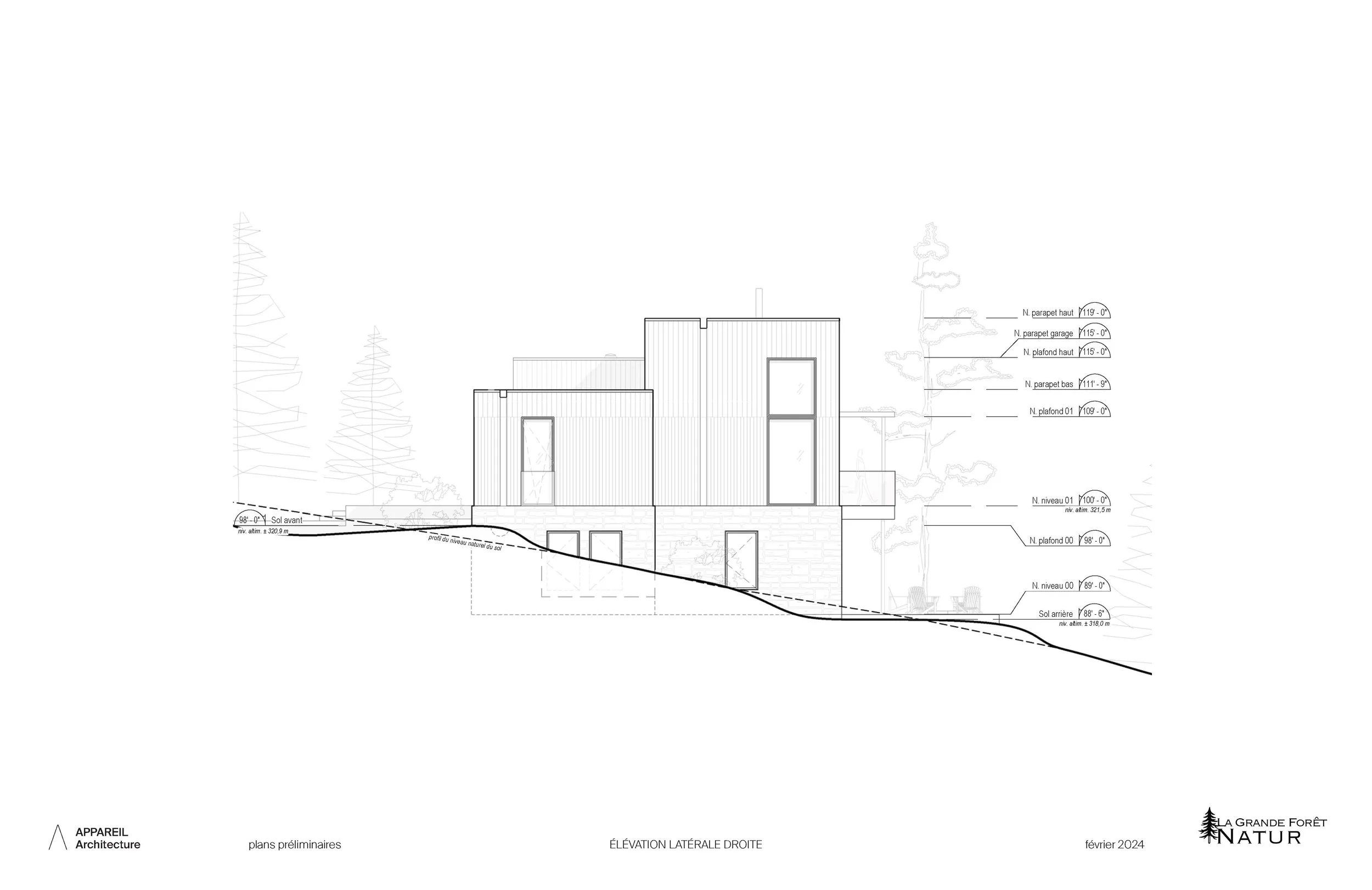 Architectural elevation drawing of a modern multi-story house on a sloped terrain, with detailed measurements and line annotations.