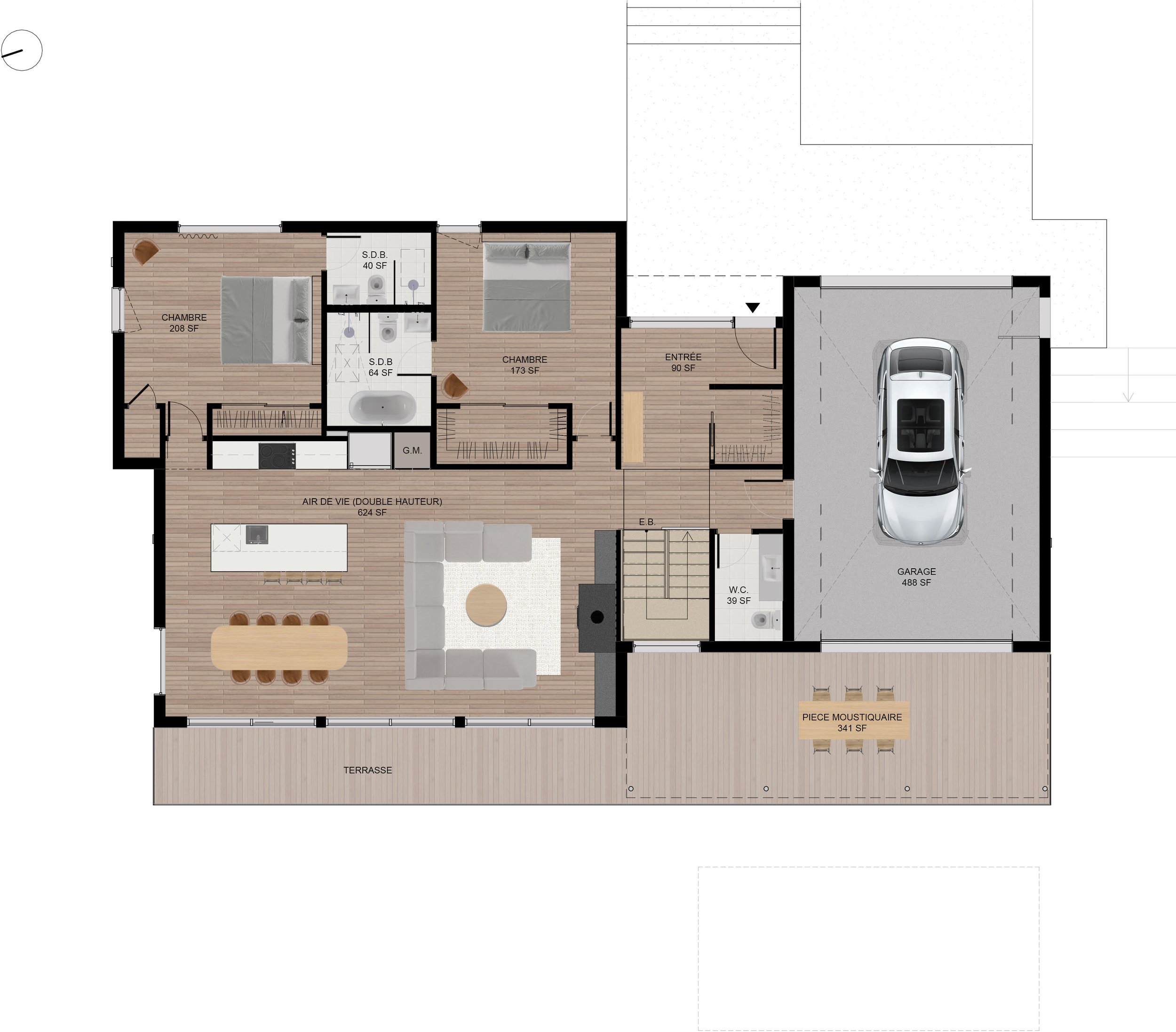 Floor plan of a modern Mont-Tremblant home showing open living area, chef-style kitchen, spa-inspired suite, garage, and outdoor terrace.