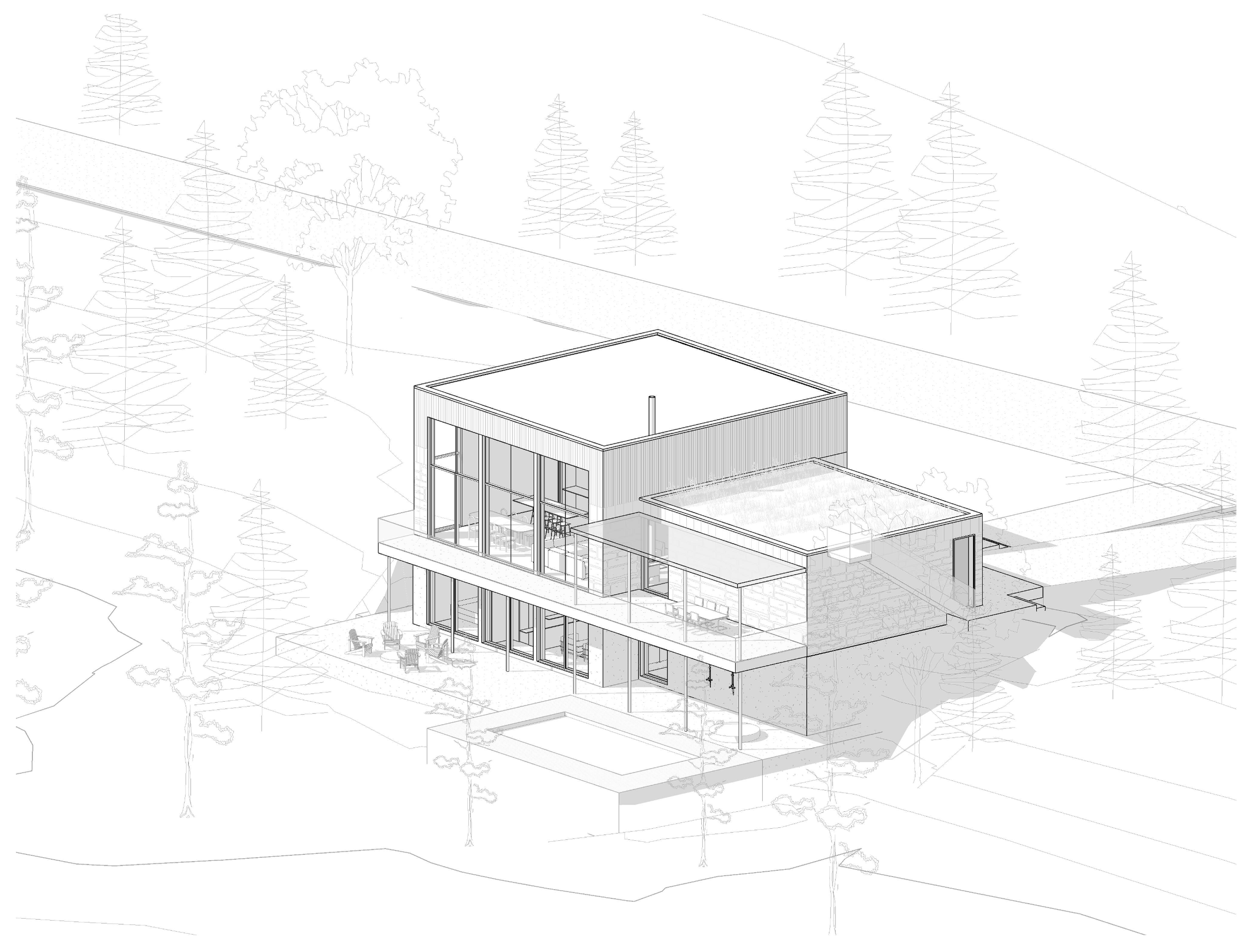 A modern, multi-level house designed with glass walls, surrounded by trees, with an outdoor patio and pool.