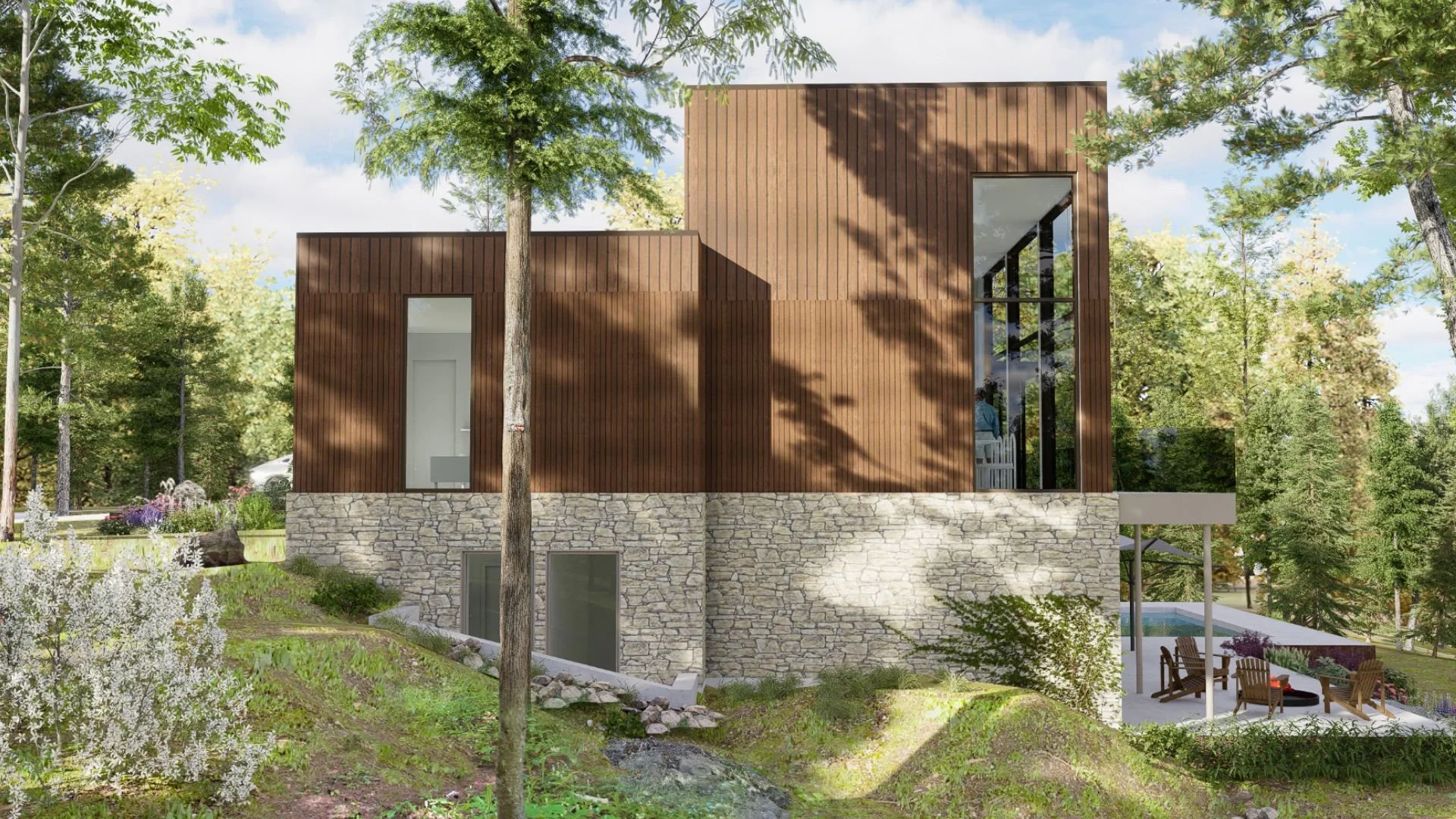 Modern two-story house with a stone and wood exterior, large windows, surrounded by greenery and trees, with an outdoor seating area and a swimming pool in the background.