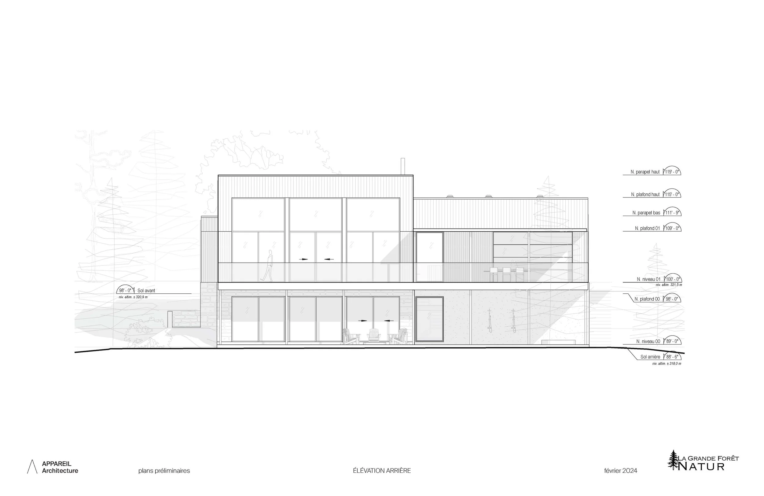 Architectural blueprint of a modern, multi-story house with large windows, surrounded by trees, showing detailed measurements and labels for different sections.