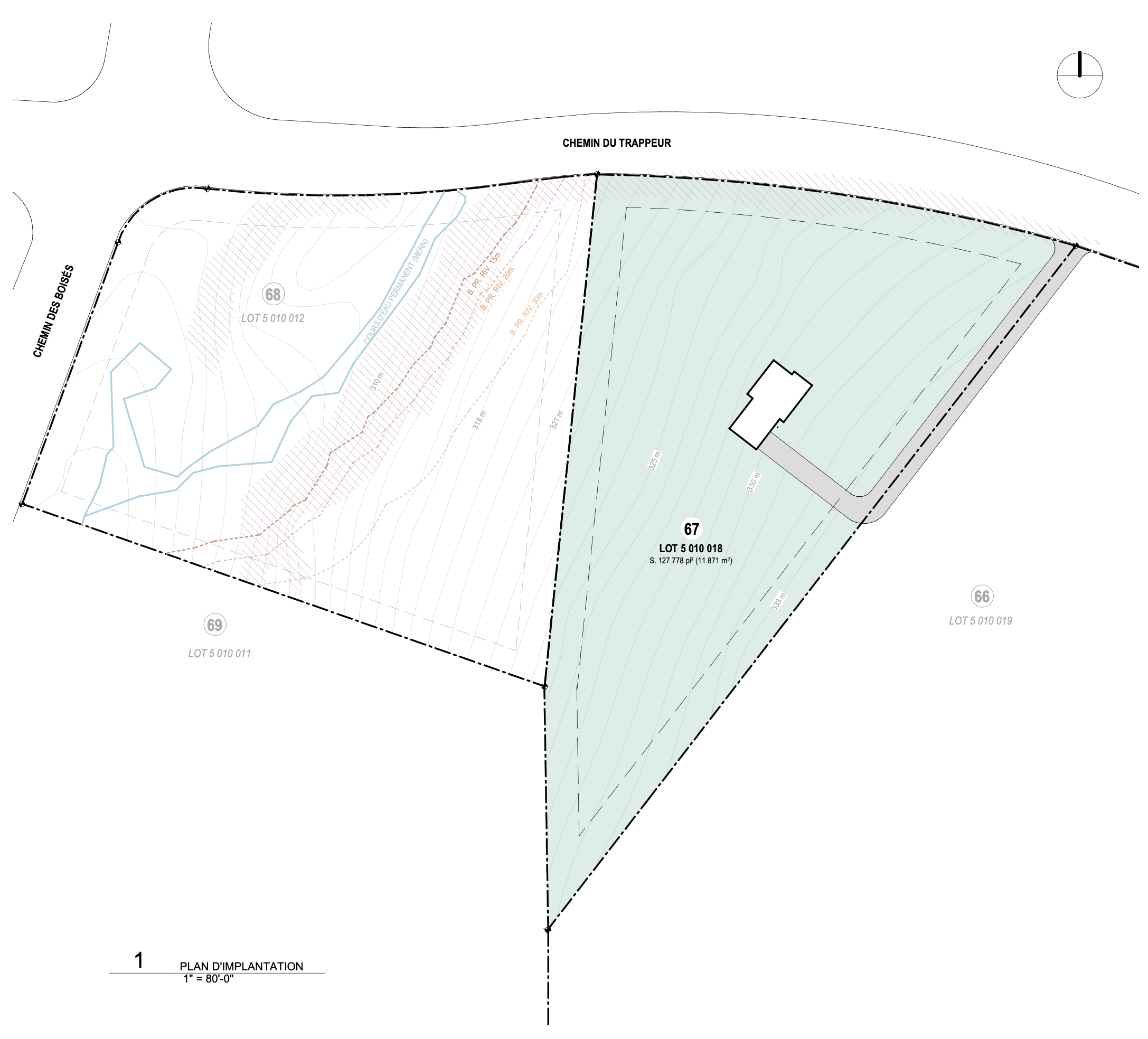 A detailed site plan map showing property boundaries, a building, driveway, water features, contour lines, and labels indicating lot numbers and measurements.