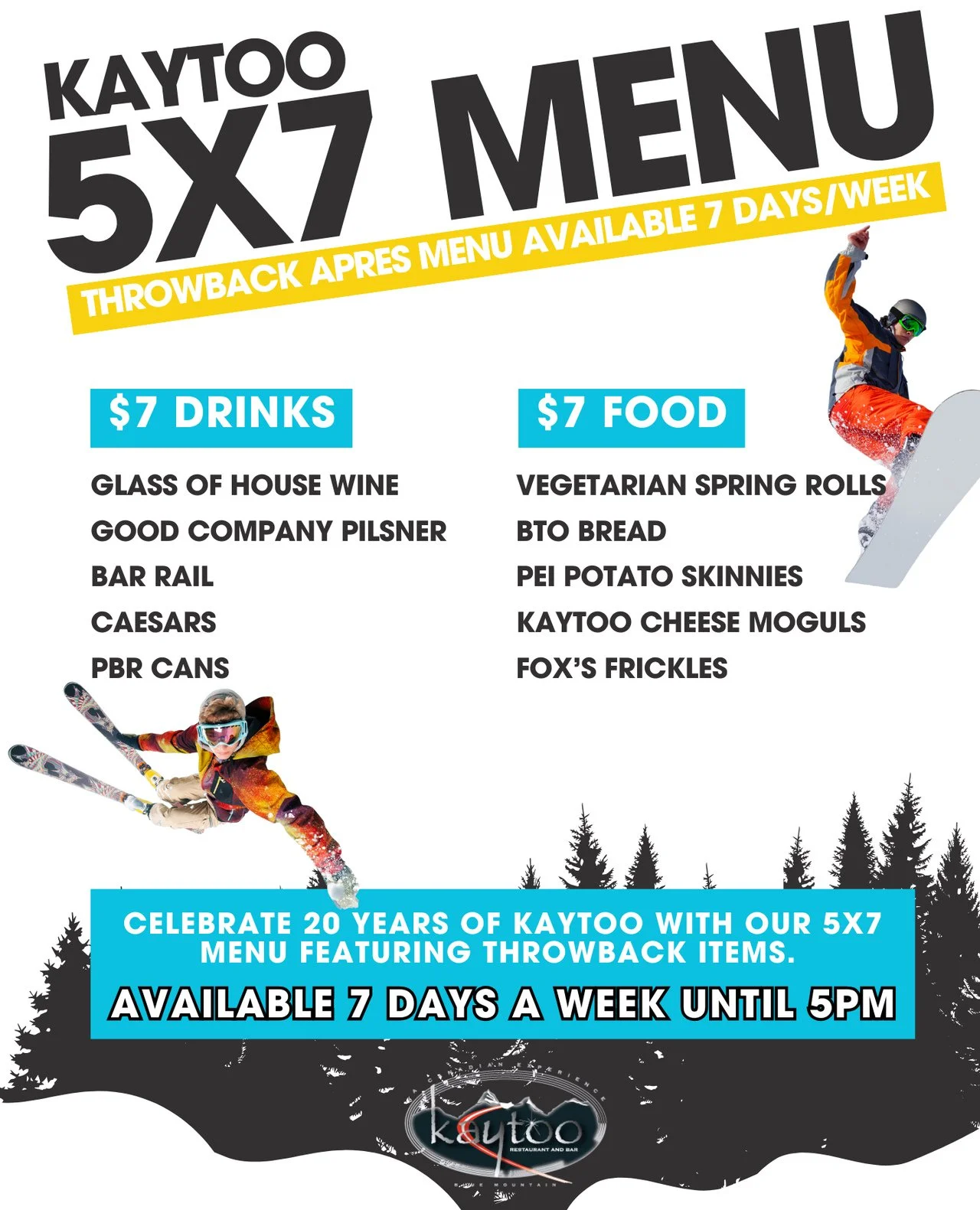 ⛷️ NO PASS REQUIRED ⛷️⁠
⁠
Celebrate the start of SHRED season with five iconic drinks &amp; food favourites from the past 20 years all priced at $7 each 💥 ⁠
⁠
Available 7 days a week until 5pm, and no, you do not need a 5x7 pass to enjoy 🍻⁠
⁠
#kayt