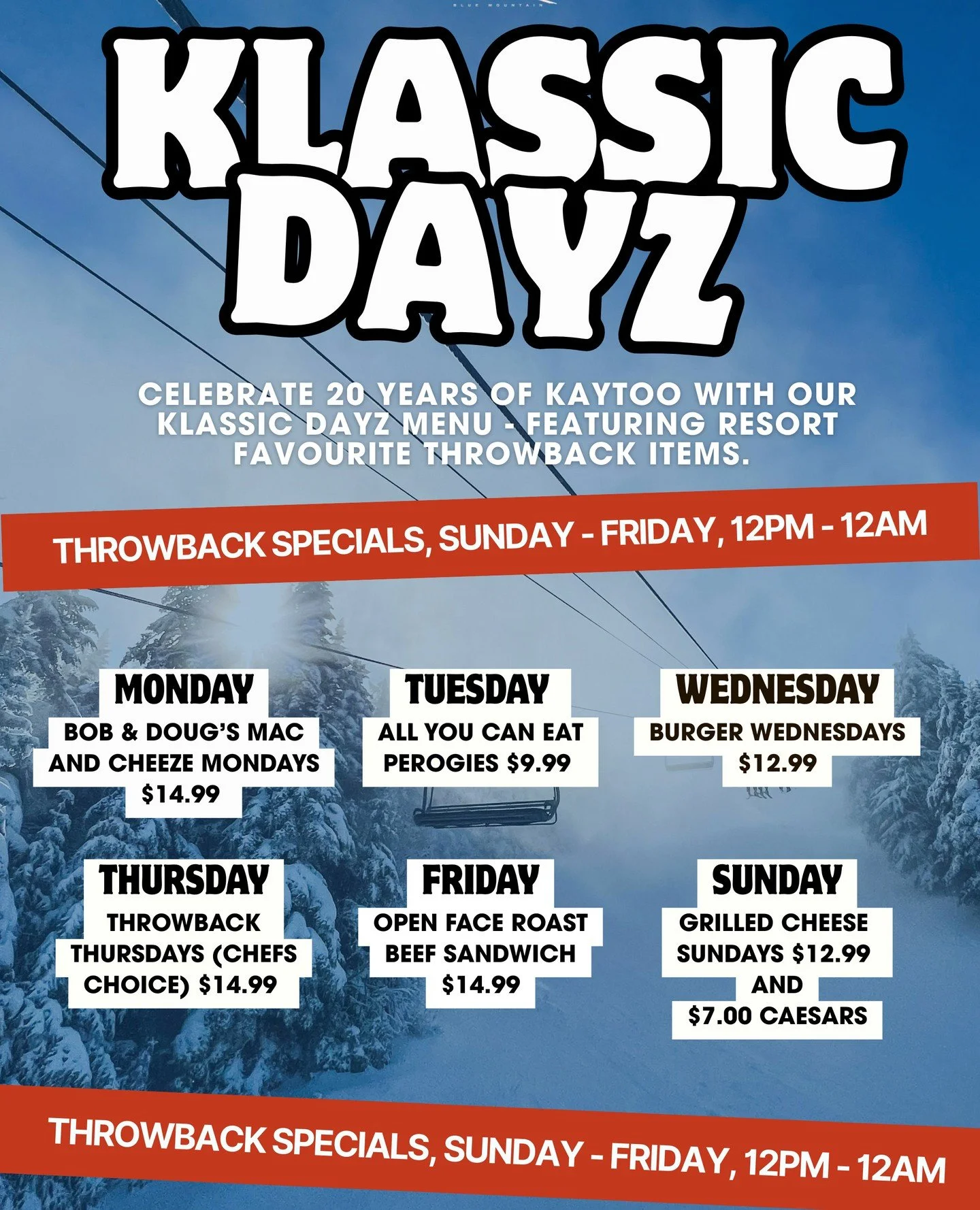KLASSIC DAYZ ARE HERE!! ⁠
⁠
Celebrate 20 years of Kaytoo with our Klassic Dayz menu - featuring resort favourite throwback items at specials prices daily! ⁠
⁠
What day is calling your name?⁠
⁠
#kaytooatblue
