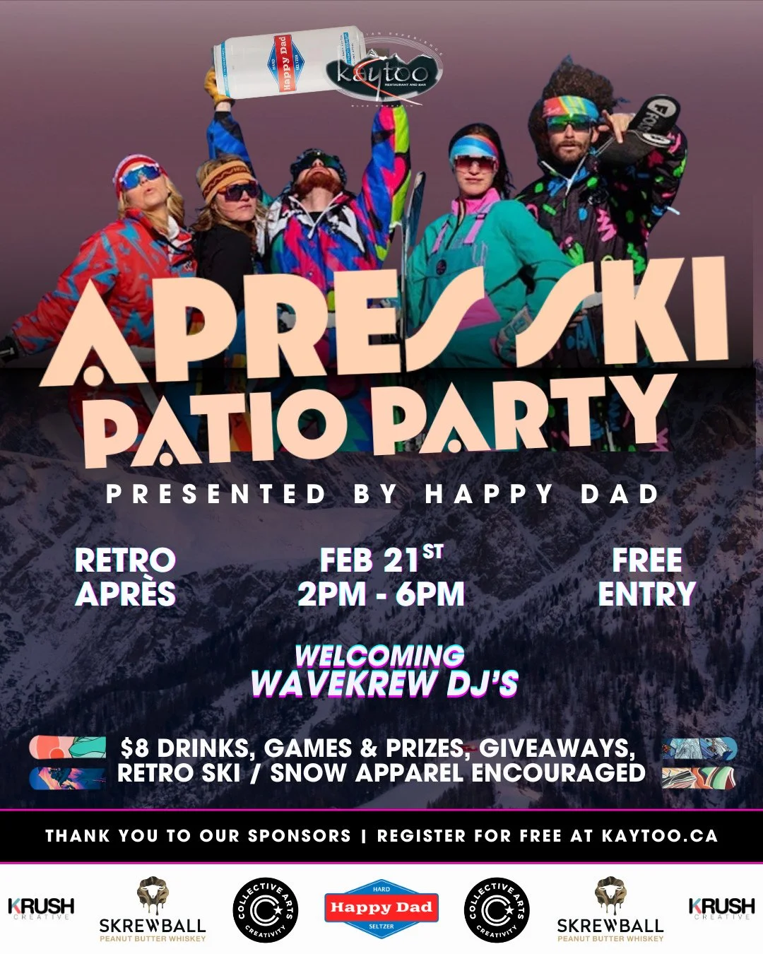 🏂🏻🎶⛷️❄️🪩Join us at on February 21st - NEXT SATURDAY - from 2pm - 6pm for @bluemtnvillage best yearly Apr&egrave;s ski event of the year - the Kaytoo Apr&egrave;s Ski Patio Party presented by @HappyDad.⁠🏂🏻🎶⛷️❄️🪩⁠
⁠
Expect epic giveaways from h