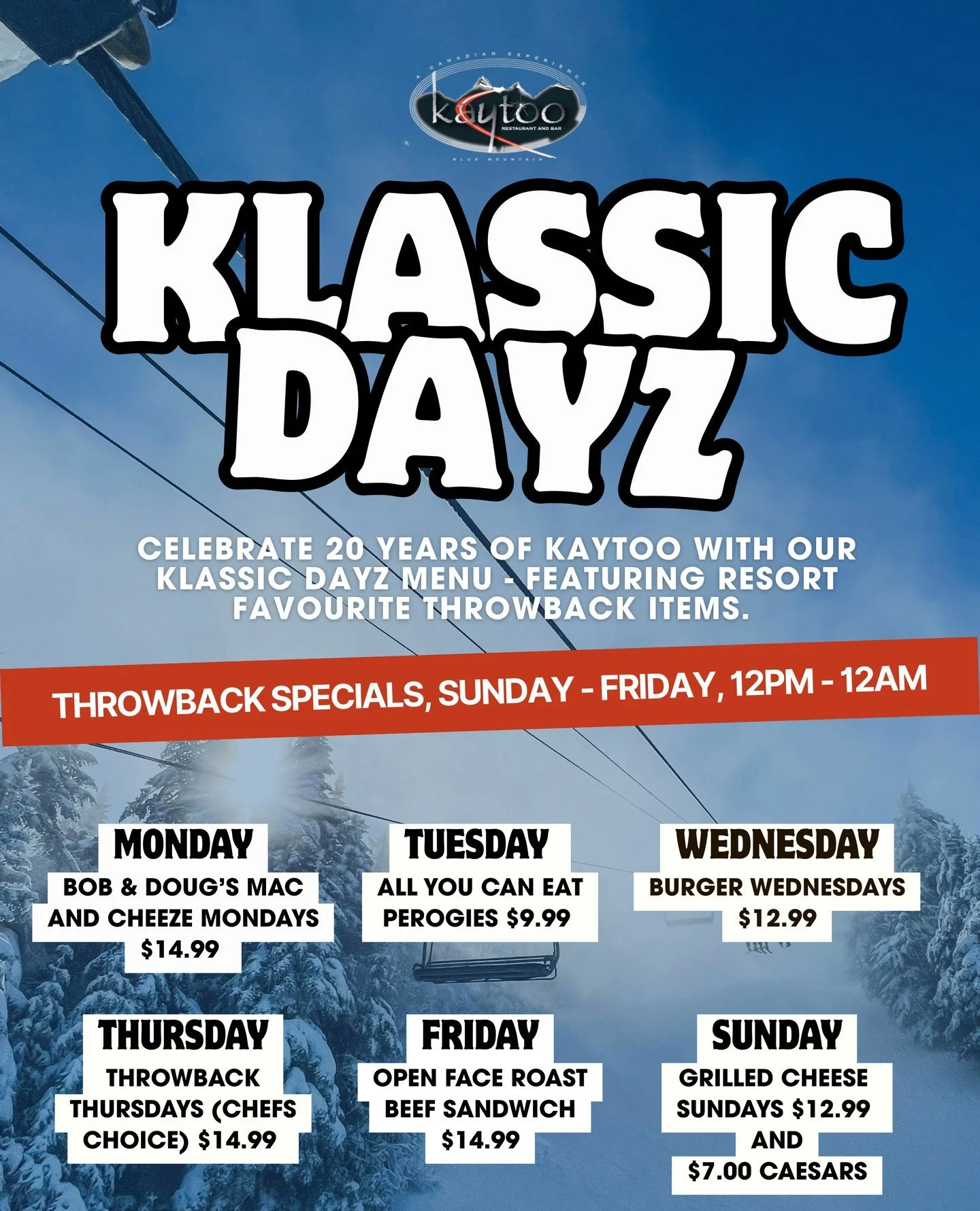 KLASSIC DAYZ ARE HERE!! ⁠
⁠
Celebrate 20 years of Kaytoo with our Klassic Dayz menu - featuring resort favourite throwback items at specials prices daily! ⁠
⁠
⁠
#kaytooatblue⁠