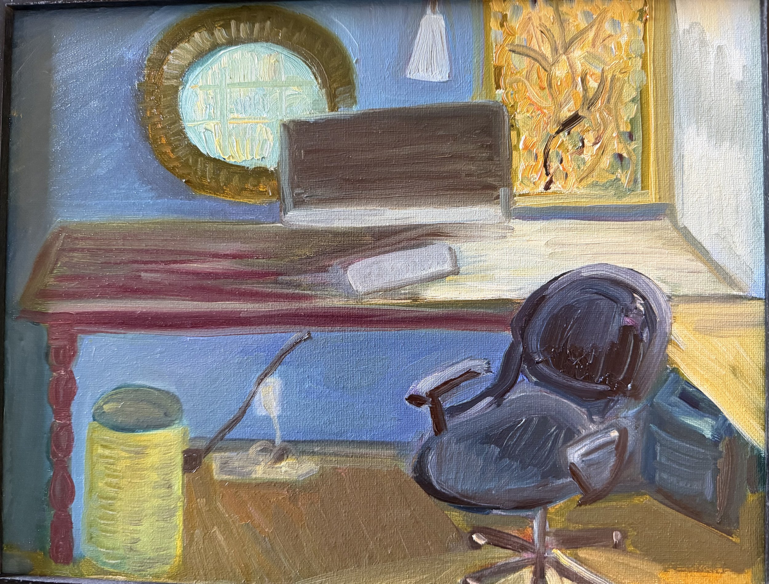 View of our home office if there were no stacks of papers piled on the desk.