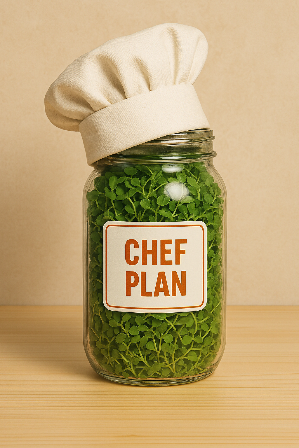 A glass jar filled with green microgreens, labeled 'Chef Plan,' topped with a white chef's hat, placed on a wooden surface against a beige background.