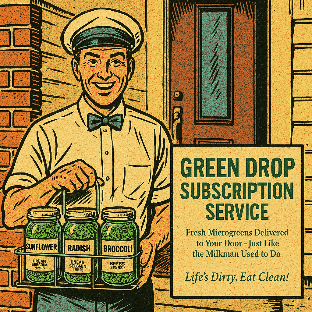 Retro-style illustration of a smiling delivery man in a uniform and bow tie holding jars of microgreens labeled Sunflower, Radish, and Broccoli. Text on the side reads: 'Green Drop Subscription Service: Fresh Microgreens Delivered to Your Door - Just Like the Milkman Used to Do. Life’s Dirty, Eat Clean!'