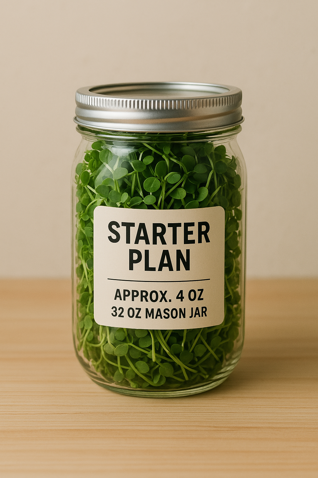Mason jar labeled 'Starter Plan' containing green microgreens.