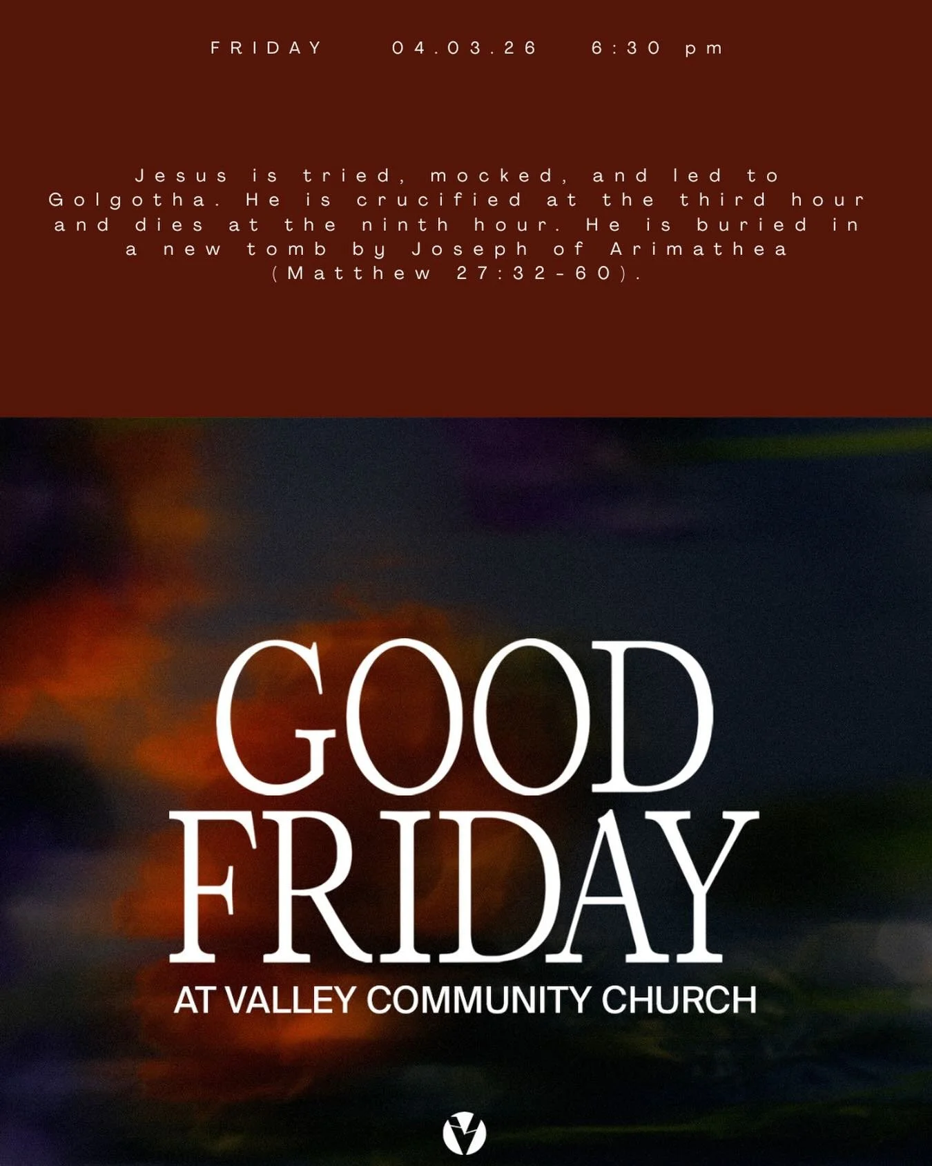 Join us tonight for Good Friday service at @vcctrivalley 

6:30 pm ✝️