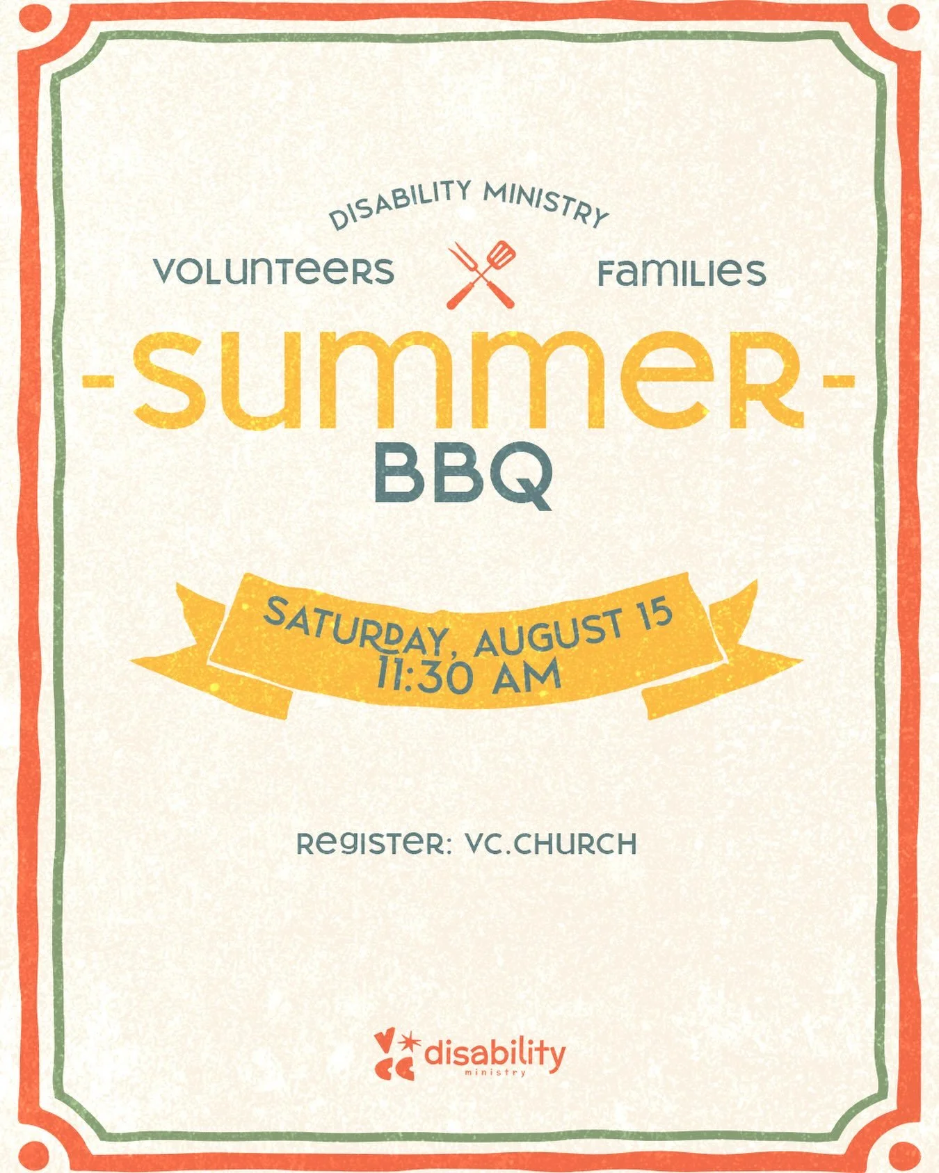 You&rsquo;re invited to our VCC Disability Ministry Summer BBQ! ☀️🌭

If you&rsquo;re part of or volunteer with our Disability Ministry, we&rsquo;d love to spend the afternoon with you on Saturday, August 15, from 11:30 AM&ndash;1:30 PM at Valley Com