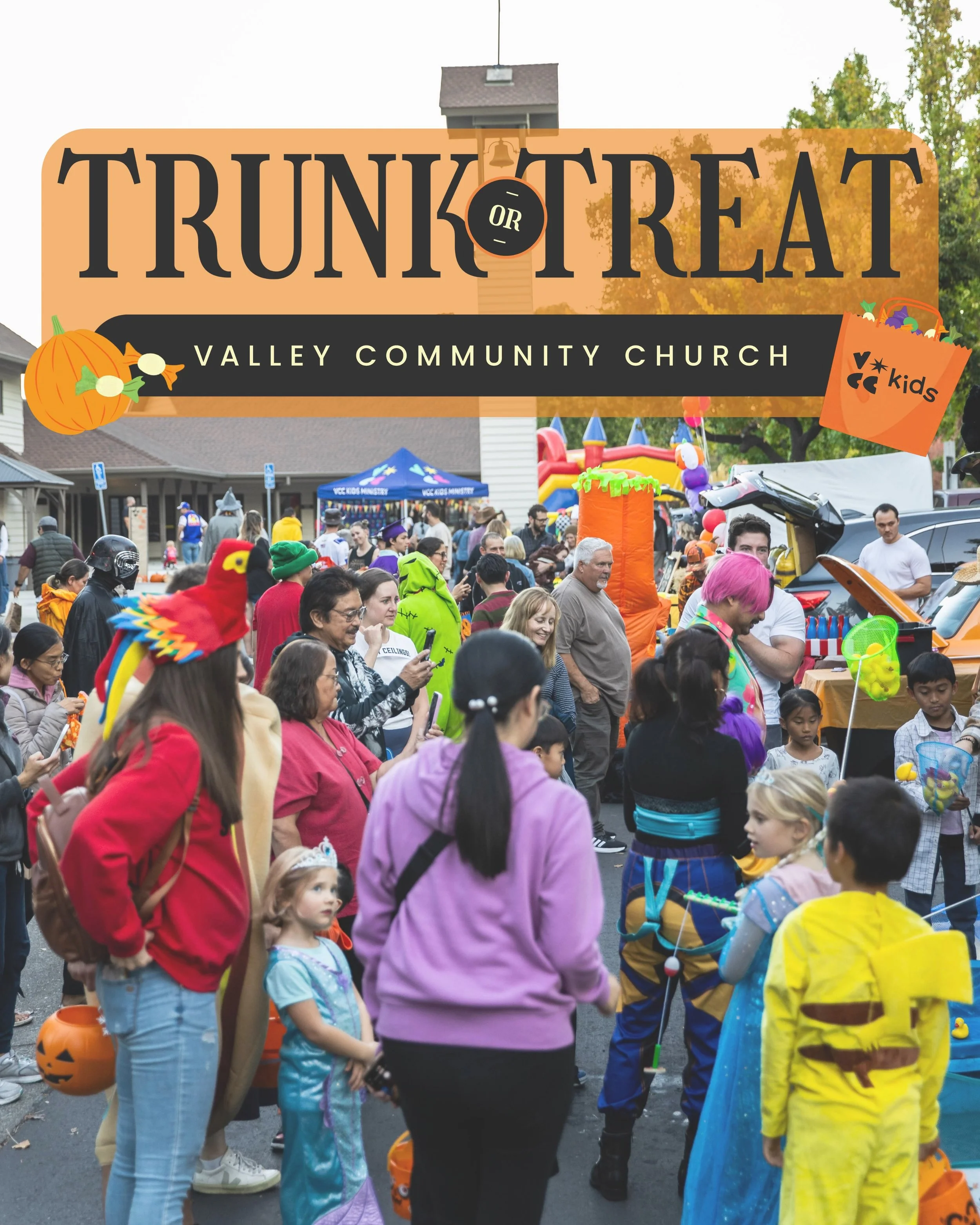 TRUNK OR TREAT at Valley Community Church!🎃

Grab your costumes and bring the whole family for an afternoon of candy, fun, and more! We&rsquo;ll have decorated trunks, food trucks, games, bounce houses, and plenty of fun for the whole family.

Satur