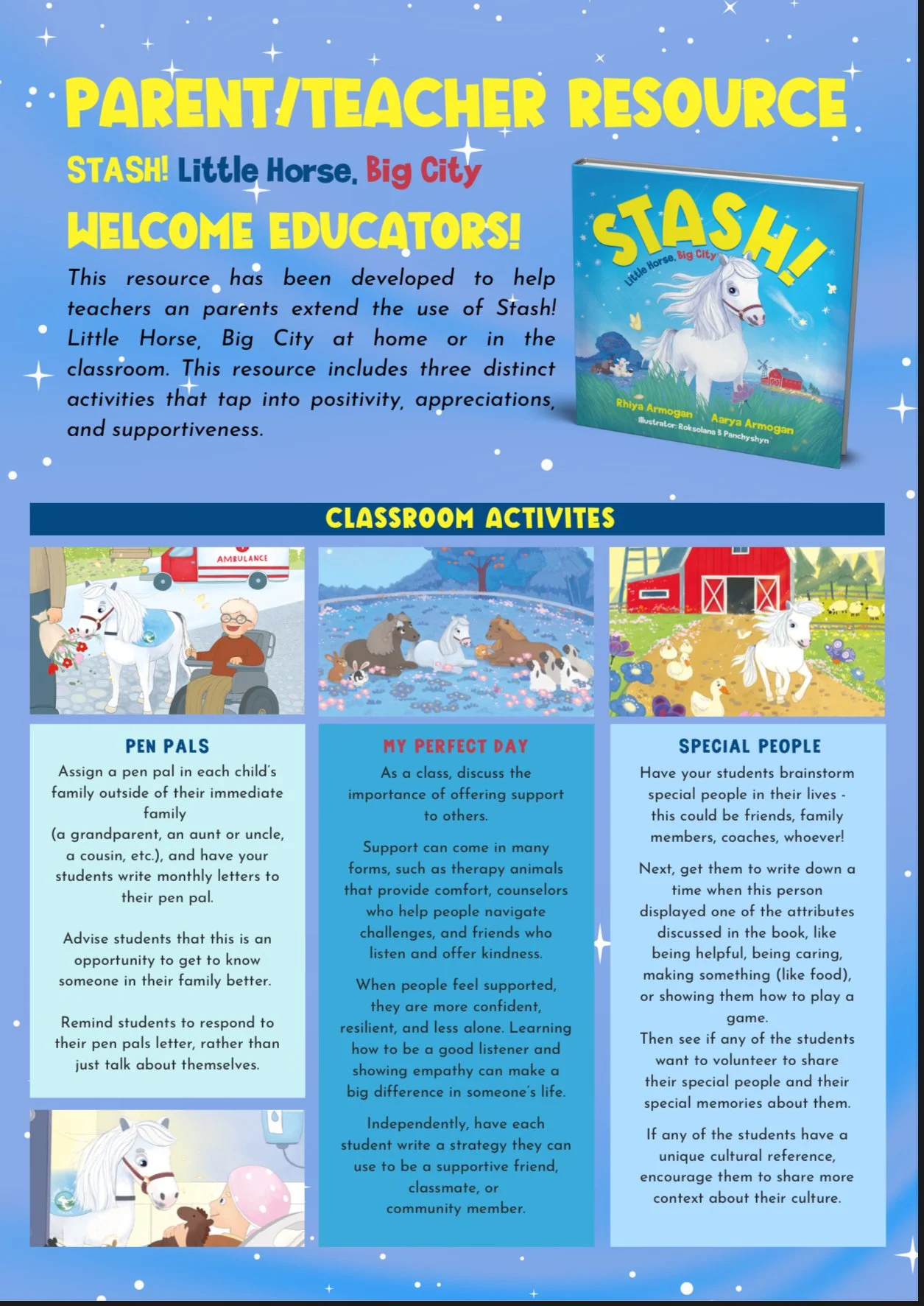 Educational poster for teachers and parents featuring a book titled 'STASH! Little Horse, Big City' and classroom activities related to supporting peers, kindness, and understanding special people, with colorful illustrations of horses and a farm scene.