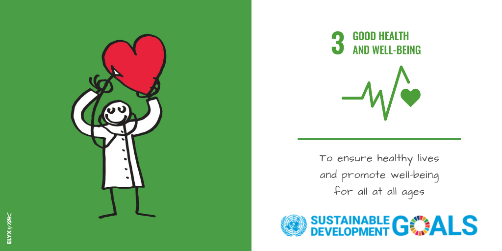 Illustration of a person in a white coat holding a red heart-shaped balloon, with a green background on the left. The right side features the United Nations Sustainable Development Goals logo and text about good health and well-being.