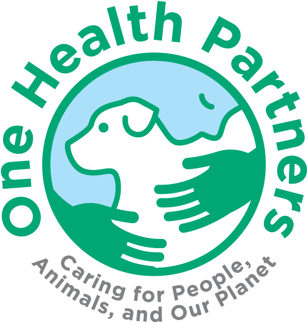 Logo of the One Health Partners featuring a dog being embraced by two hands, with a globe in the background, and the text "One Health Partners - Caring for People, Animals, and Our Planet".